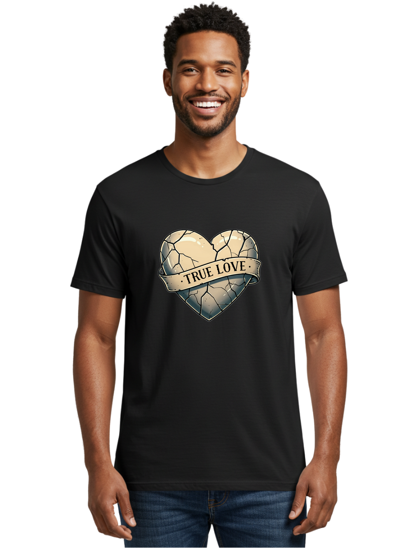 True-Love-8 Men'S Graphic Tee, 100% Cotton, Comfortable Casual Summer Wear, Machine Washable, Cracked Heart, True Love Banner, Vintage Design, Distressed Texture, Heart Symbol, Love Theme, Tattoo Style, Black And White Illustration Bae317