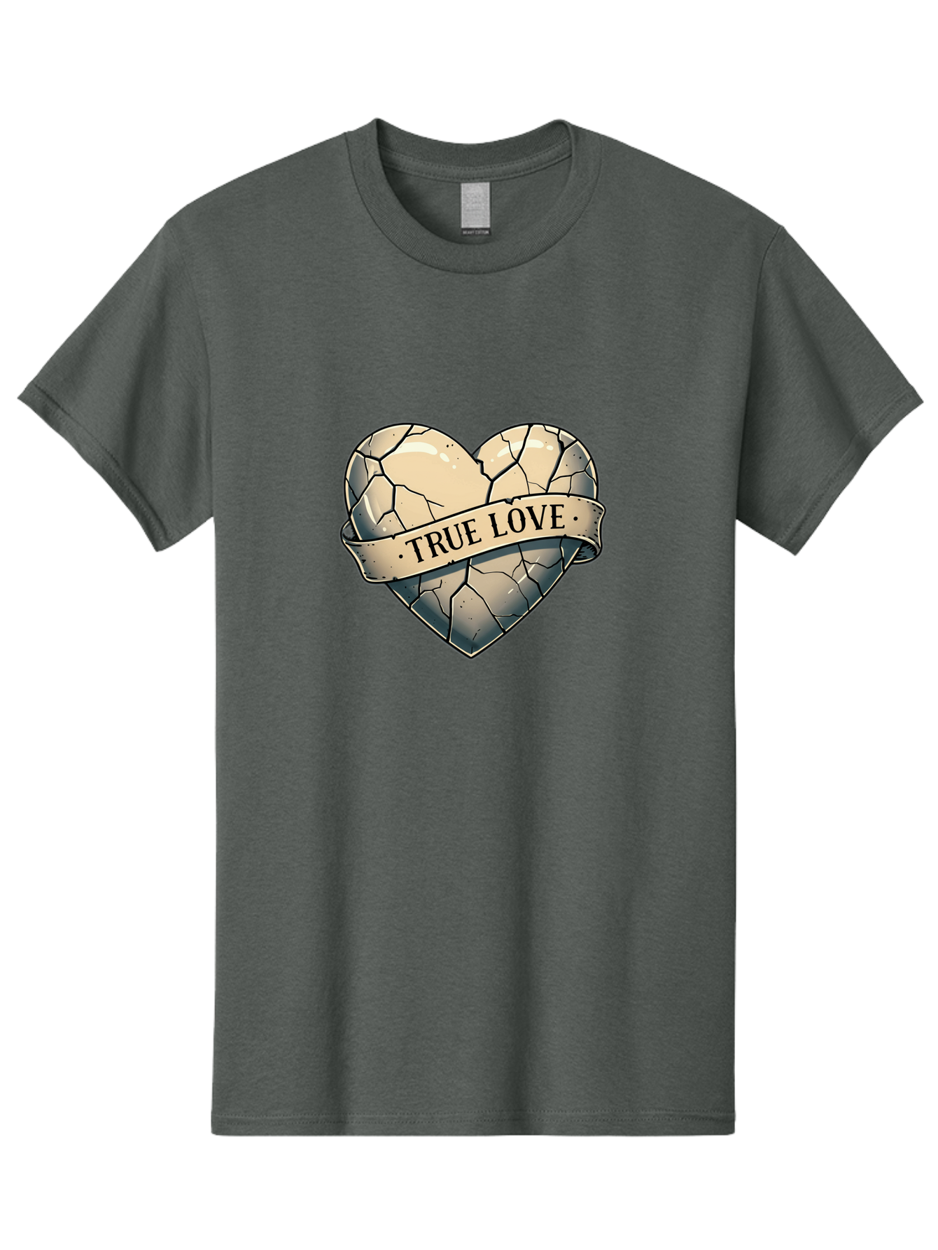 True-Love-8 Men'S Graphic Tee, 100% Cotton, Comfortable Casual Summer Wear, Machine Washable, Cracked Heart, True Love Banner, Vintage Design, Distressed Texture, Heart Symbol, Love Theme, Tattoo Style, Black And White Illustration Bae317