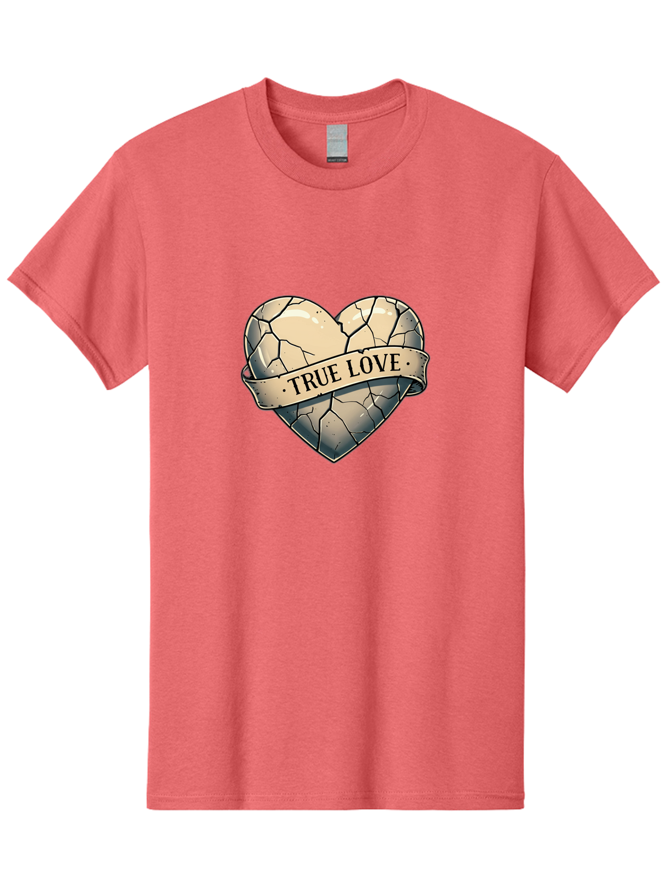 True-Love-8 Men'S Graphic Tee, 100% Cotton, Comfortable Casual Summer Wear, Machine Washable, Cracked Heart, True Love Banner, Vintage Design, Distressed Texture, Heart Symbol, Love Theme, Tattoo Style, Black And White Illustration Bae317