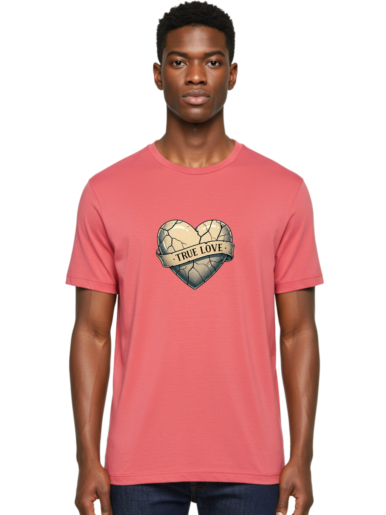 True-Love-8 Men'S Graphic Tee, 100% Cotton, Comfortable Casual Summer Wear, Machine Washable, Cracked Heart, True Love Banner, Vintage Design, Distressed Texture, Heart Symbol, Love Theme, Tattoo Style, Black And White Illustration Bae317