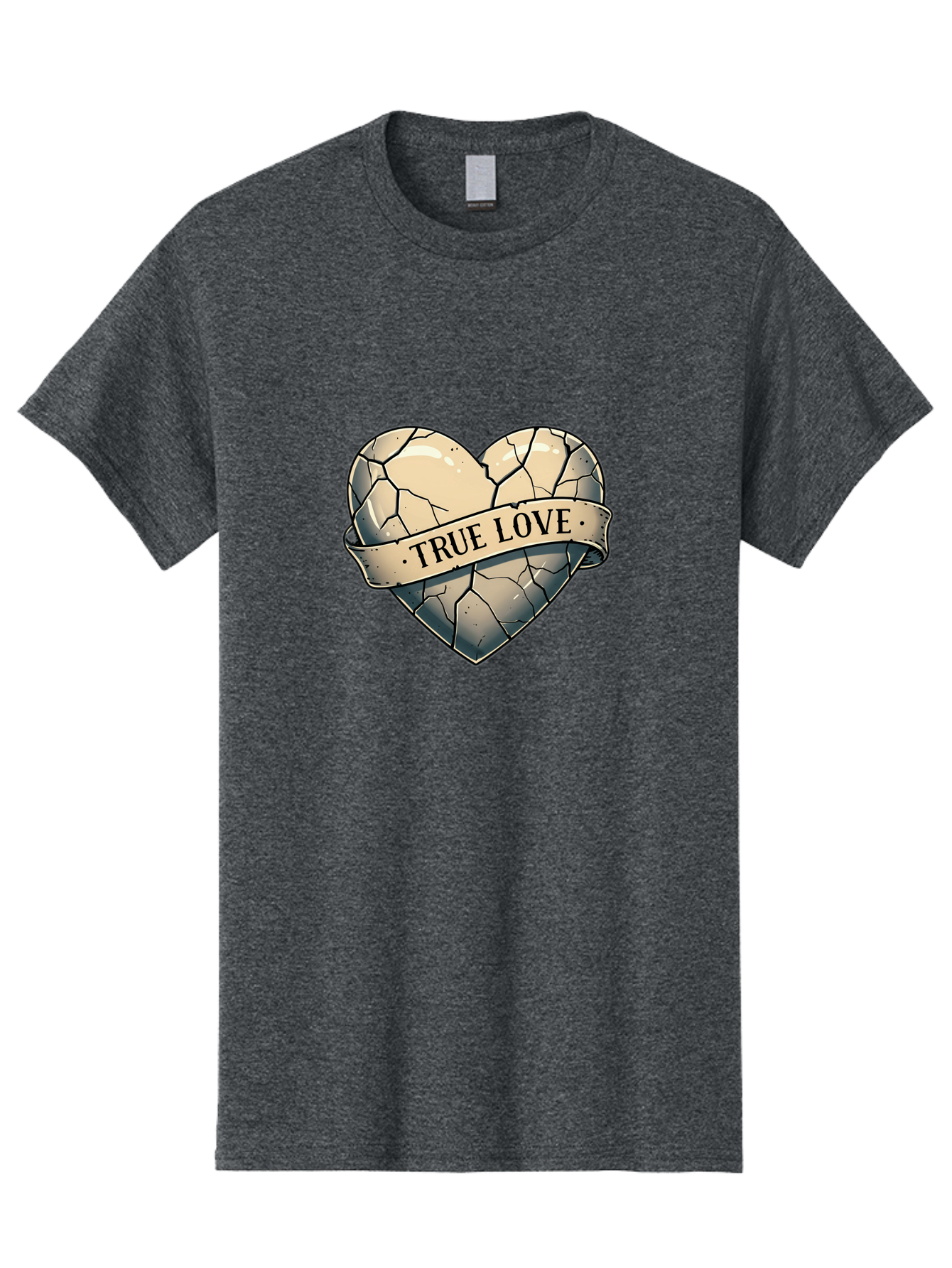 True-Love-8 Men'S Graphic Tee, 100% Cotton, Comfortable Casual Summer Wear, Machine Washable, Cracked Heart, True Love Banner, Vintage Design, Distressed Texture, Heart Symbol, Love Theme, Tattoo Style, Black And White Illustration Bae317