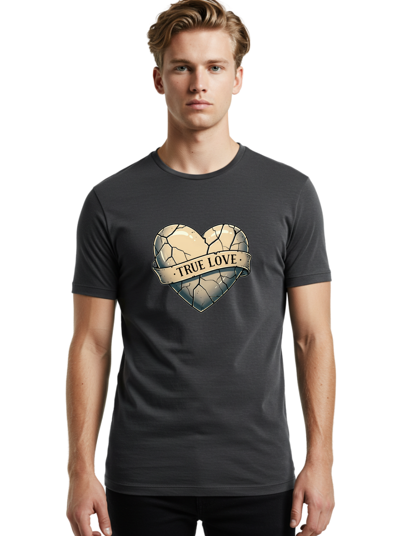 True-Love-8 Men'S Graphic Tee, 100% Cotton, Comfortable Casual Summer Wear, Machine Washable, Cracked Heart, True Love Banner, Vintage Design, Distressed Texture, Heart Symbol, Love Theme, Tattoo Style, Black And White Illustration Bae317