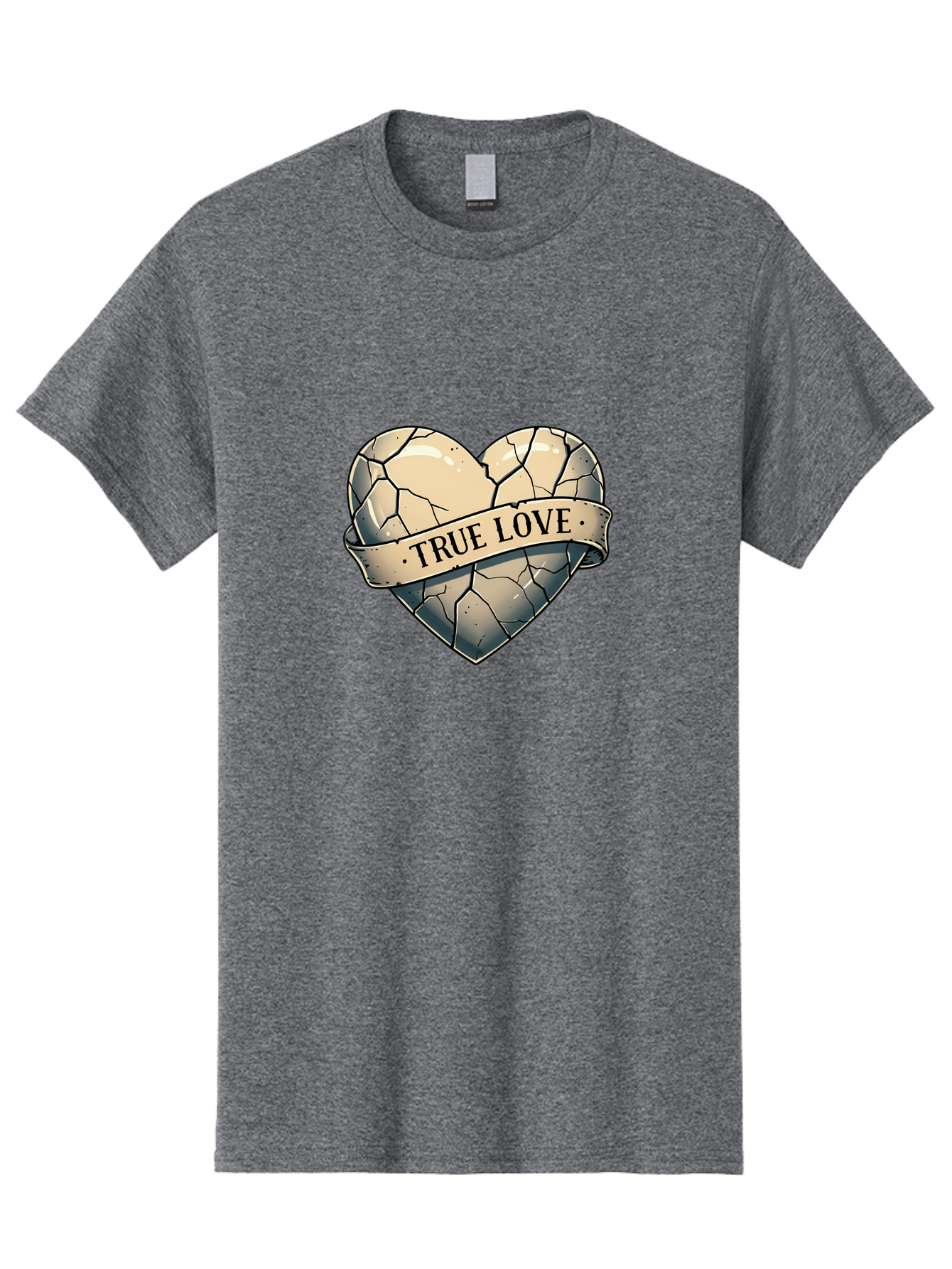 True-Love-8 Men'S Graphic Tee, 100% Cotton, Comfortable Casual Summer Wear, Machine Washable, Cracked Heart, True Love Banner, Vintage Design, Distressed Texture, Heart Symbol, Love Theme, Tattoo Style, Black And White Illustration Bae317