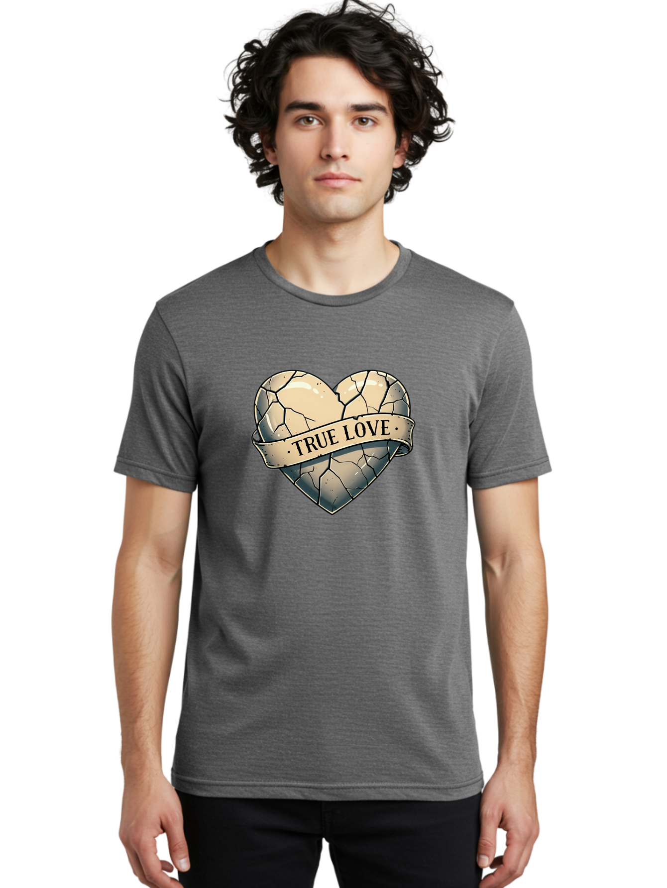 True-Love-8 Men'S Graphic Tee, 100% Cotton, Comfortable Casual Summer Wear, Machine Washable, Cracked Heart, True Love Banner, Vintage Design, Distressed Texture, Heart Symbol, Love Theme, Tattoo Style, Black And White Illustration Bae317