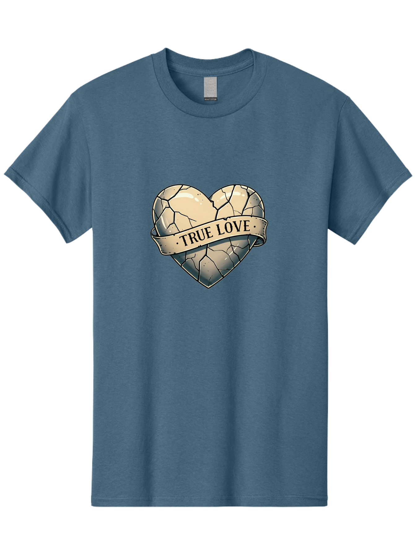 True-Love-8 Men'S Graphic Tee, 100% Cotton, Comfortable Casual Summer Wear, Machine Washable, Cracked Heart, True Love Banner, Vintage Design, Distressed Texture, Heart Symbol, Love Theme, Tattoo Style, Black And White Illustration Bae317