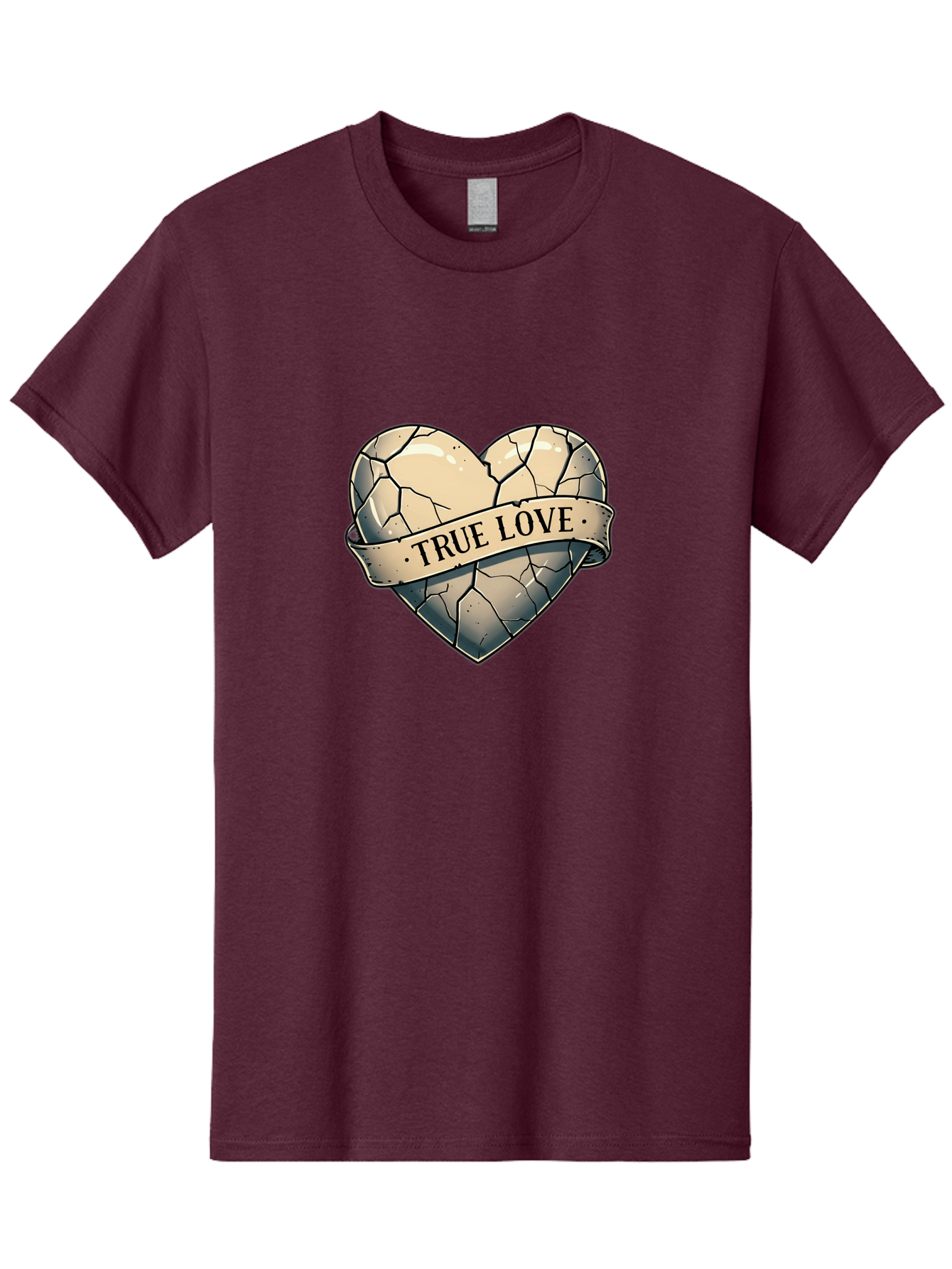 True-Love-8 Men'S Graphic Tee, 100% Cotton, Comfortable Casual Summer Wear, Machine Washable, Cracked Heart, True Love Banner, Vintage Design, Distressed Texture, Heart Symbol, Love Theme, Tattoo Style, Black And White Illustration Bae317