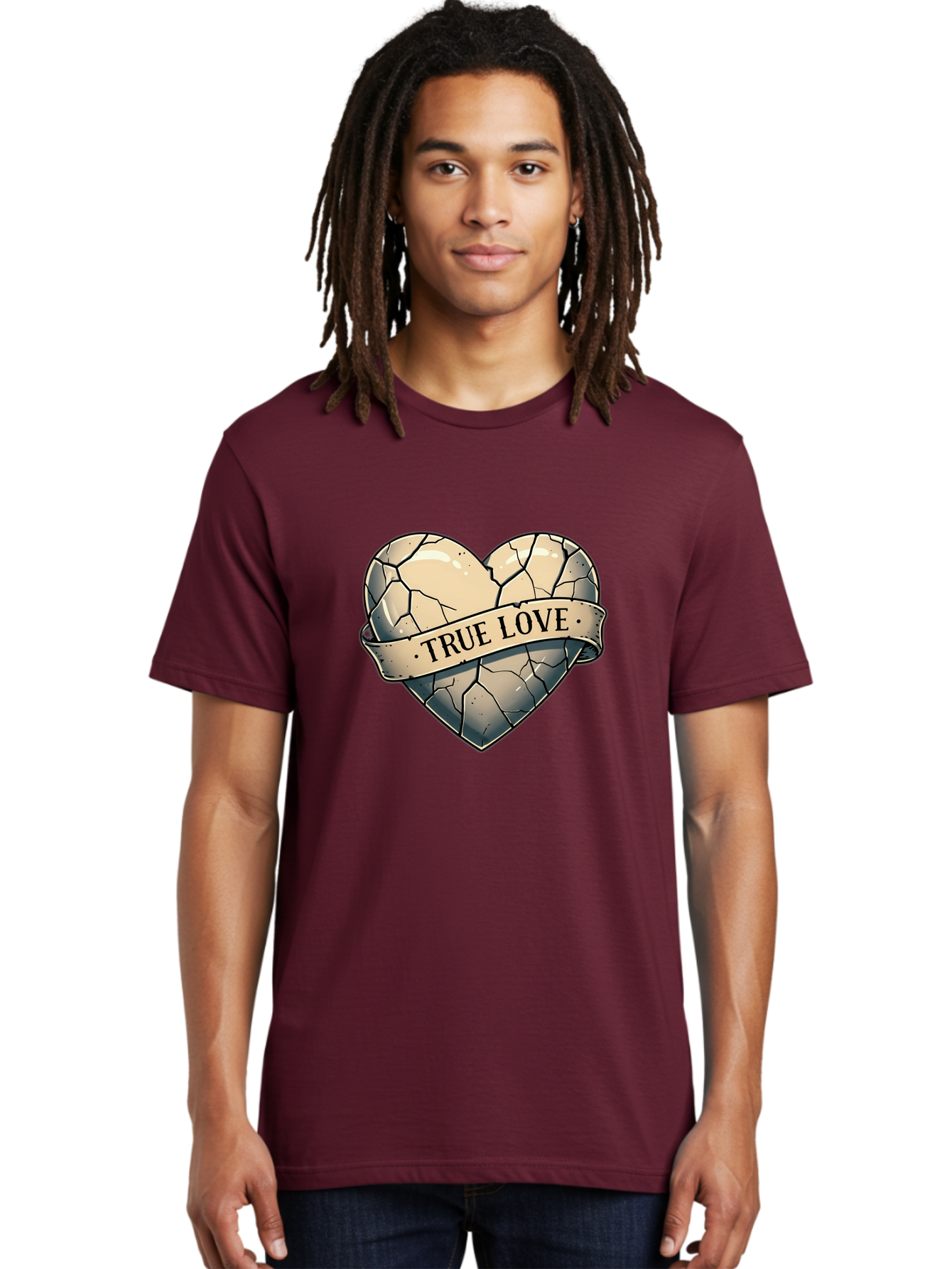 True-Love-8 Men'S Graphic Tee, 100% Cotton, Comfortable Casual Summer Wear, Machine Washable, Cracked Heart, True Love Banner, Vintage Design, Distressed Texture, Heart Symbol, Love Theme, Tattoo Style, Black And White Illustration Bae317