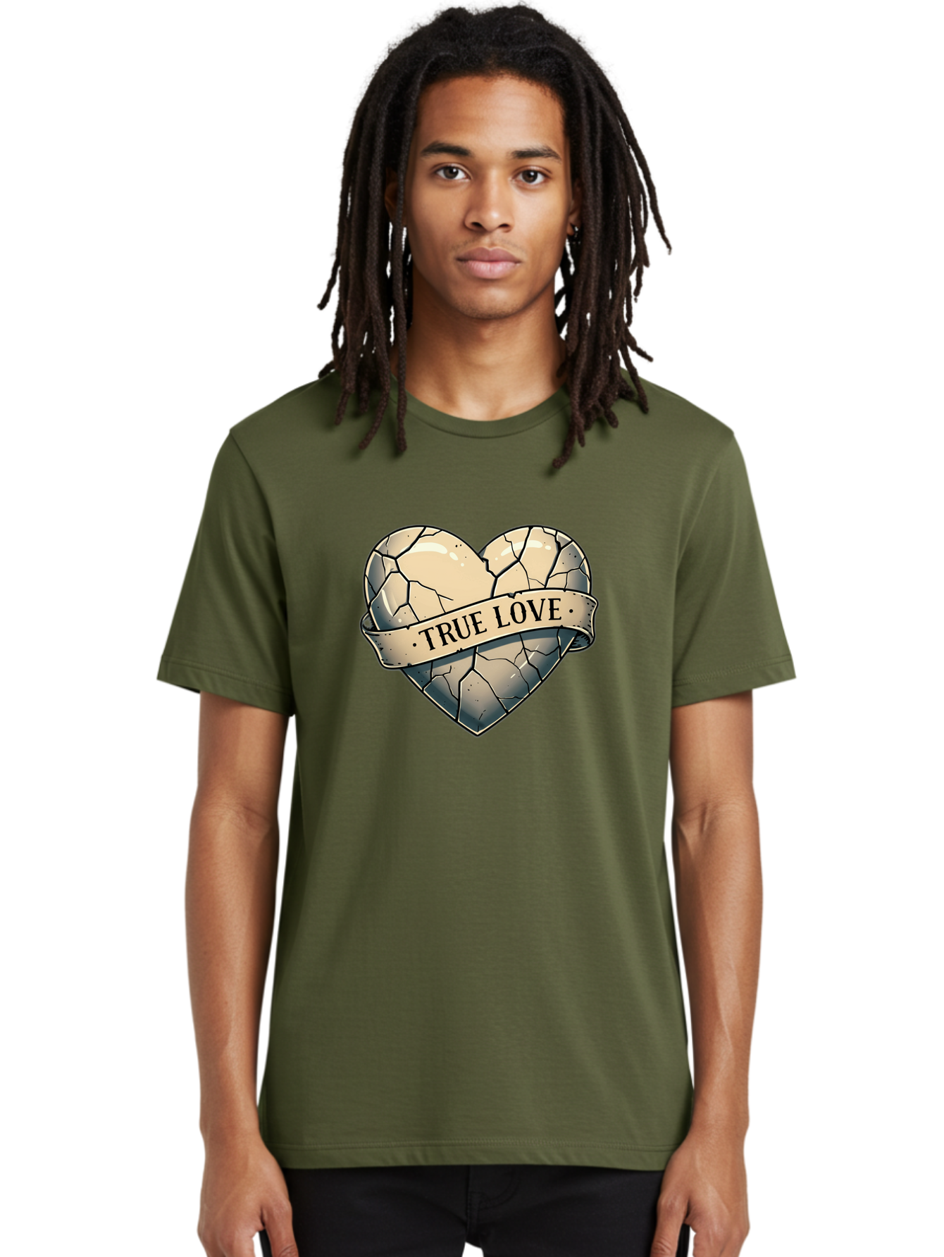 True-Love-8 Men'S Graphic Tee, 100% Cotton, Comfortable Casual Summer Wear, Machine Washable, Cracked Heart, True Love Banner, Vintage Design, Distressed Texture, Heart Symbol, Love Theme, Tattoo Style, Black And White Illustration Bae317