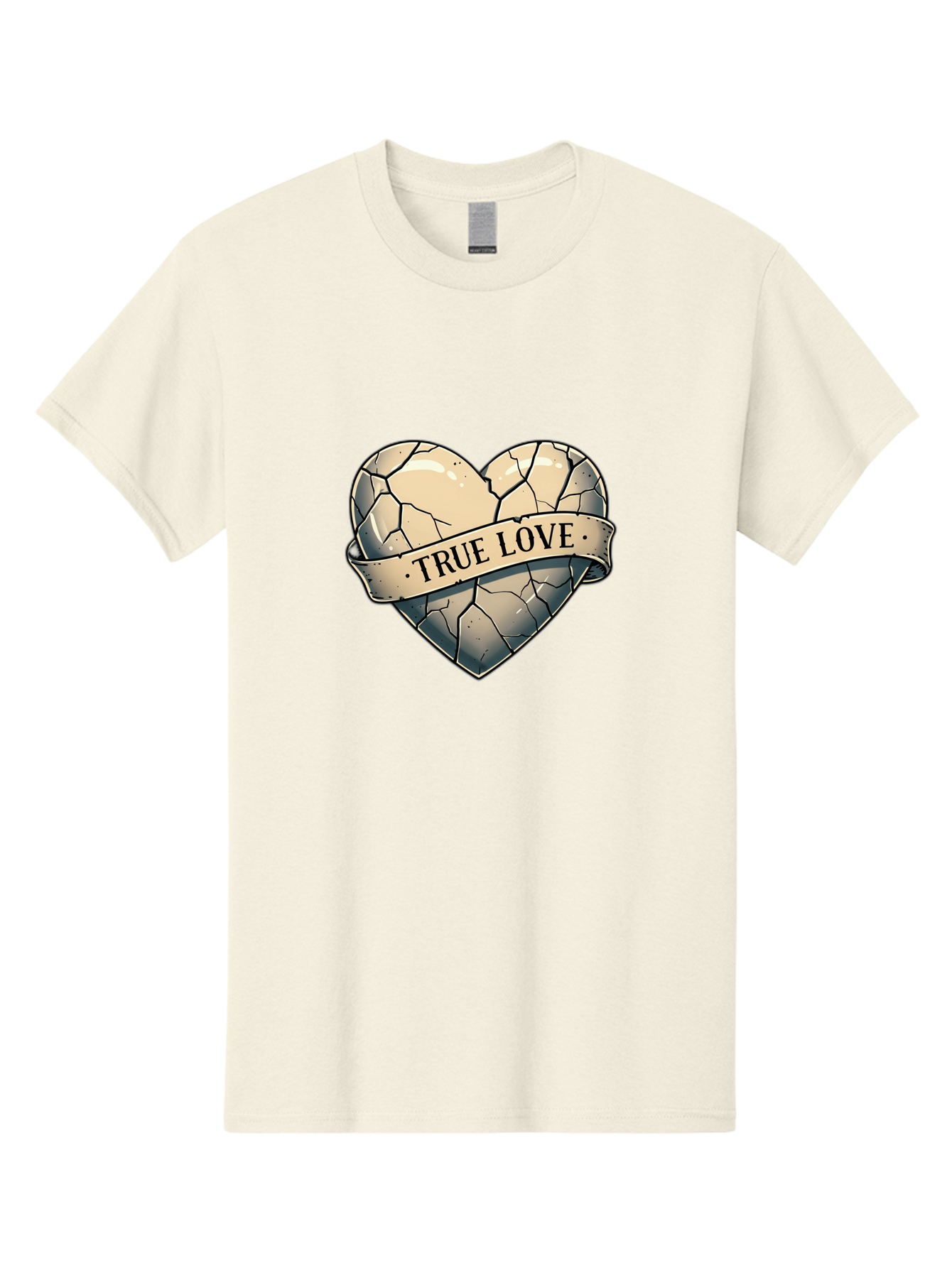 True-Love-8 Men'S Graphic Tee, 100% Cotton, Comfortable Casual Summer Wear, Machine Washable, Cracked Heart, True Love Banner, Vintage Design, Distressed Texture, Heart Symbol, Love Theme, Tattoo Style, Black And White Illustration Bae317