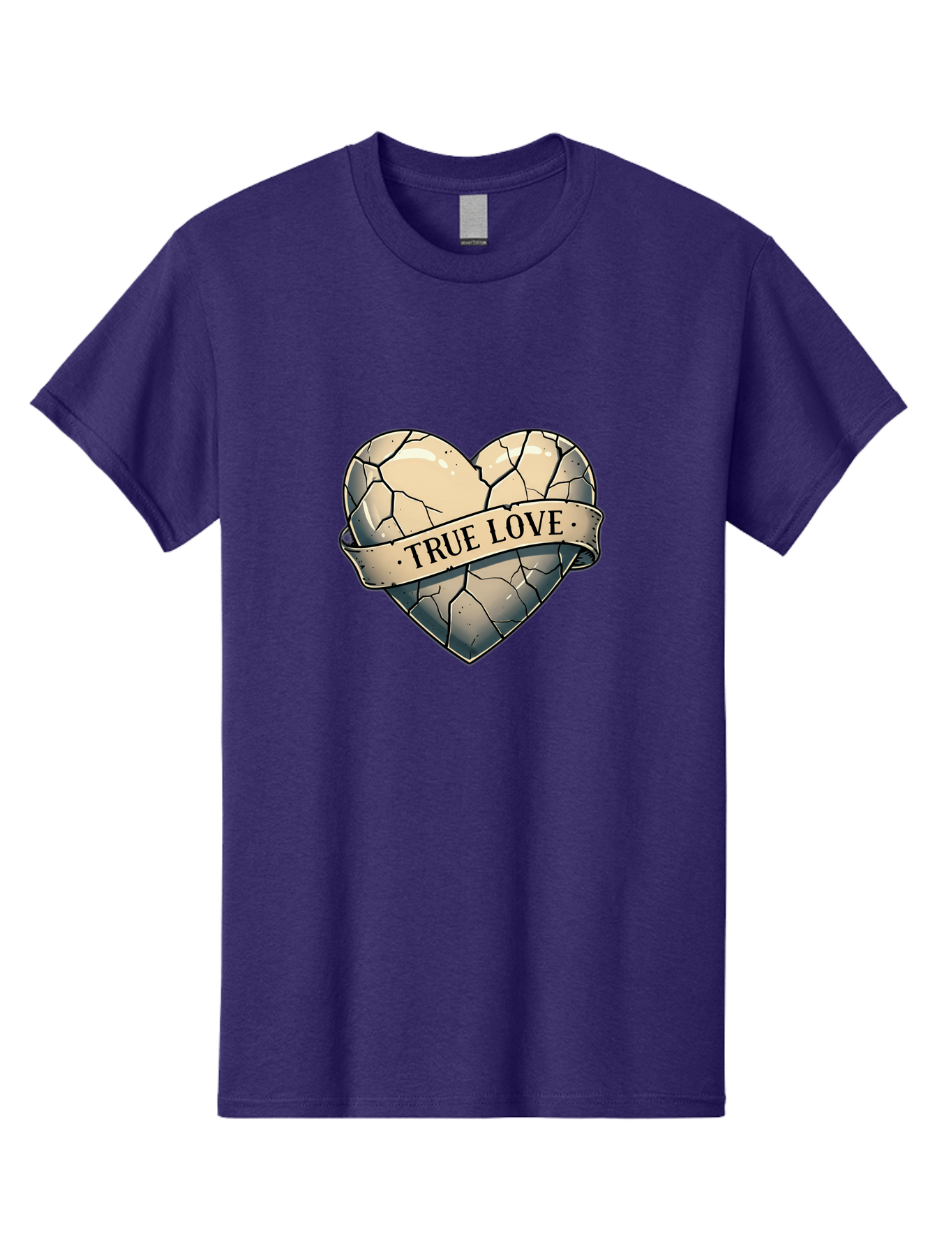 True-Love-8 Men'S Graphic Tee, 100% Cotton, Comfortable Casual Summer Wear, Machine Washable, Cracked Heart, True Love Banner, Vintage Design, Distressed Texture, Heart Symbol, Love Theme, Tattoo Style, Black And White Illustration Bae317