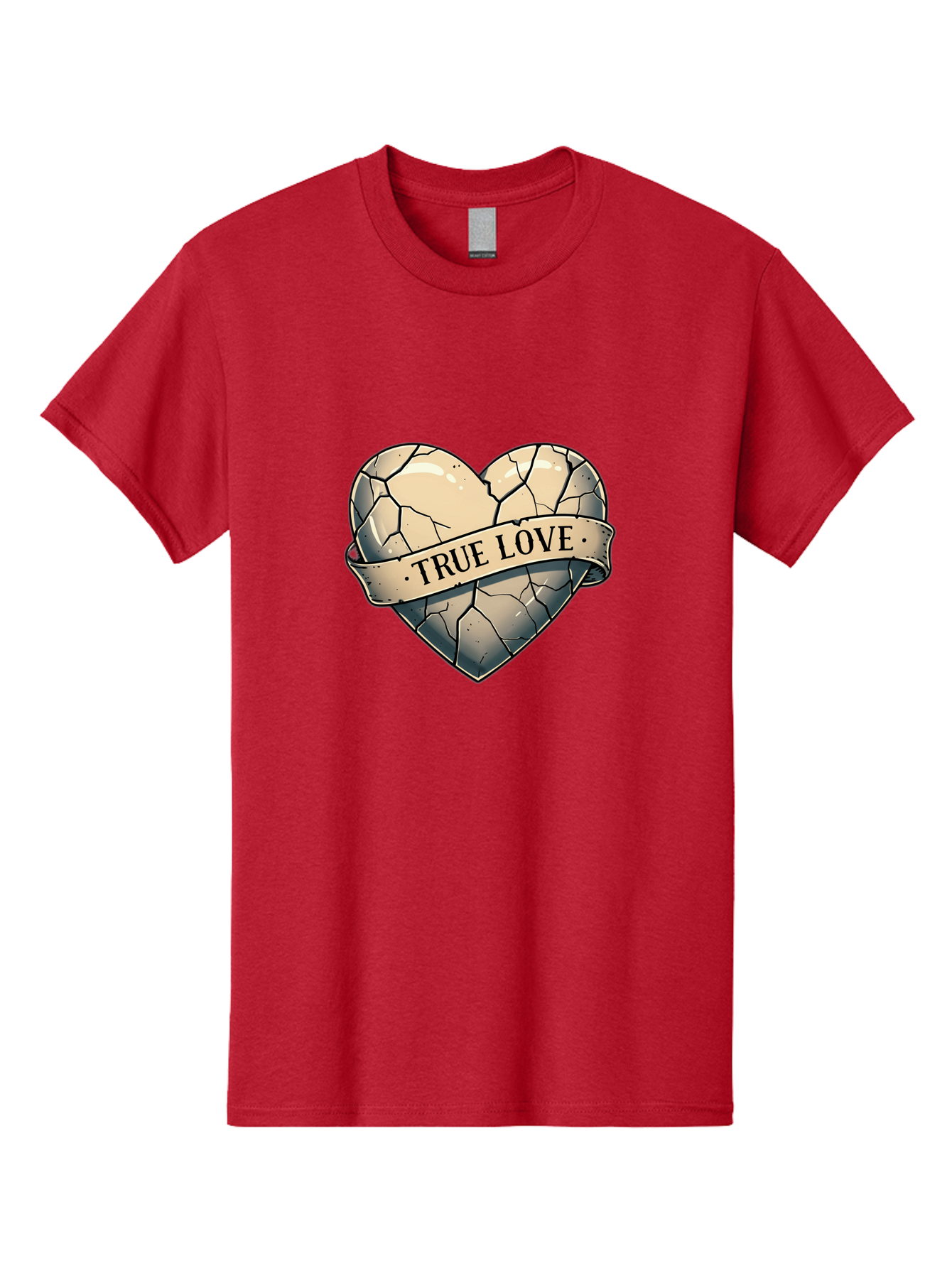 True-Love-8 Men'S Graphic Tee, 100% Cotton, Comfortable Casual Summer Wear, Machine Washable, Cracked Heart, True Love Banner, Vintage Design, Distressed Texture, Heart Symbol, Love Theme, Tattoo Style, Black And White Illustration Bae317