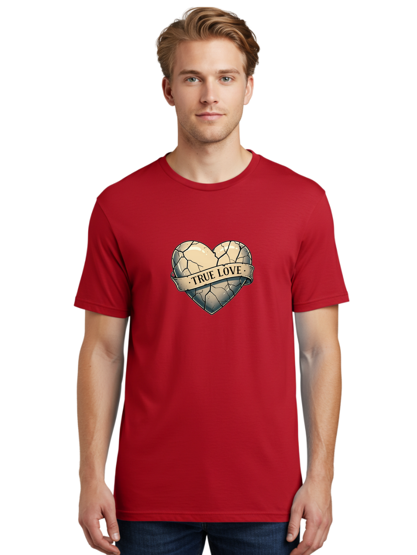 True-Love-8 Men'S Graphic Tee, 100% Cotton, Comfortable Casual Summer Wear, Machine Washable, Cracked Heart, True Love Banner, Vintage Design, Distressed Texture, Heart Symbol, Love Theme, Tattoo Style, Black And White Illustration Bae317