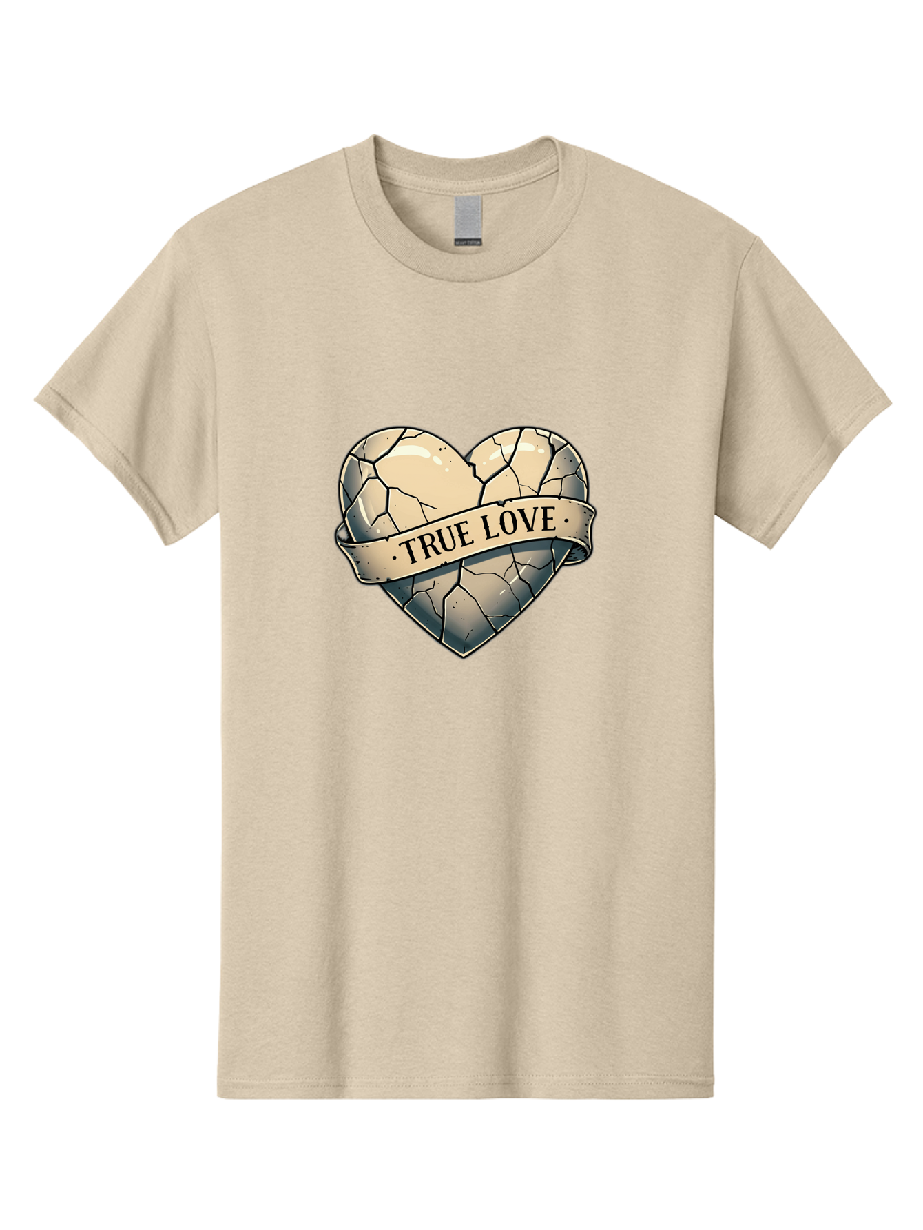 True-Love-8 Men'S Graphic Tee, 100% Cotton, Comfortable Casual Summer Wear, Machine Washable, Cracked Heart, True Love Banner, Vintage Design, Distressed Texture, Heart Symbol, Love Theme, Tattoo Style, Black And White Illustration Bae317