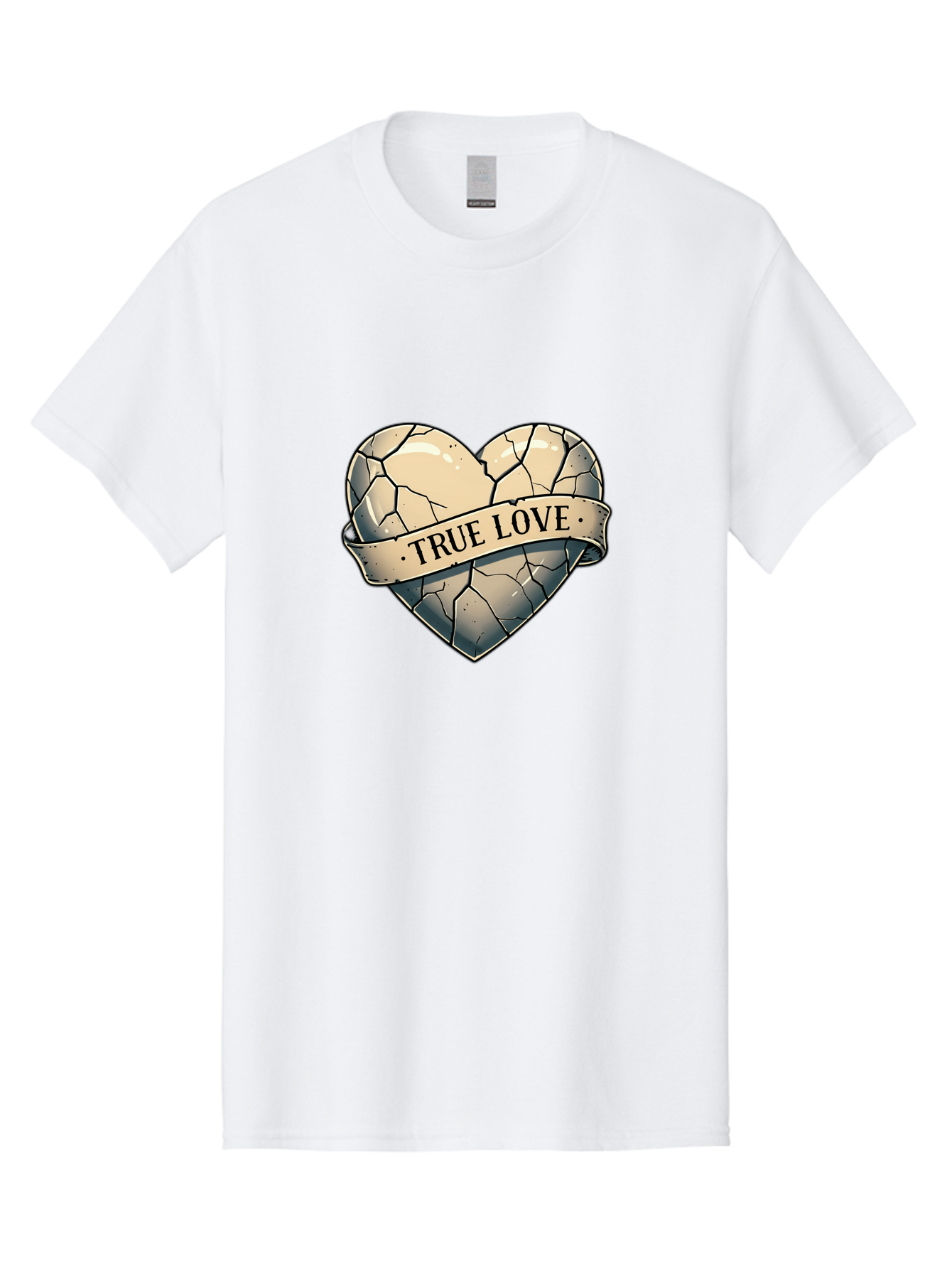 True-Love-8 Men'S Graphic Tee, 100% Cotton, Comfortable Casual Summer Wear, Machine Washable, Cracked Heart, True Love Banner, Vintage Design, Distressed Texture, Heart Symbol, Love Theme, Tattoo Style, Black And White Illustration Bae317