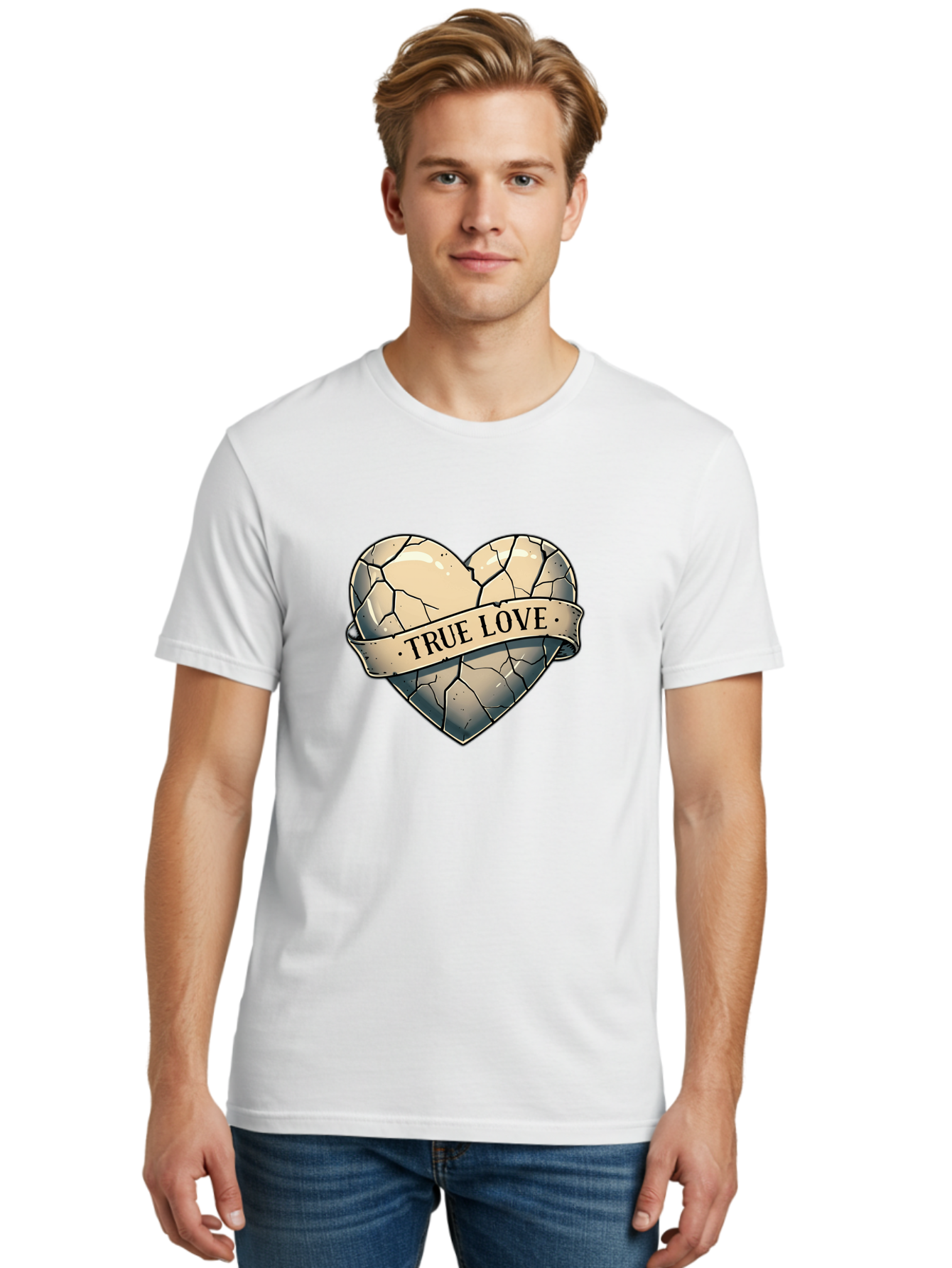 True-Love-8 Men'S Graphic Tee, 100% Cotton, Comfortable Casual Summer Wear, Machine Washable, Cracked Heart, True Love Banner, Vintage Design, Distressed Texture, Heart Symbol, Love Theme, Tattoo Style, Black And White Illustration Bae317