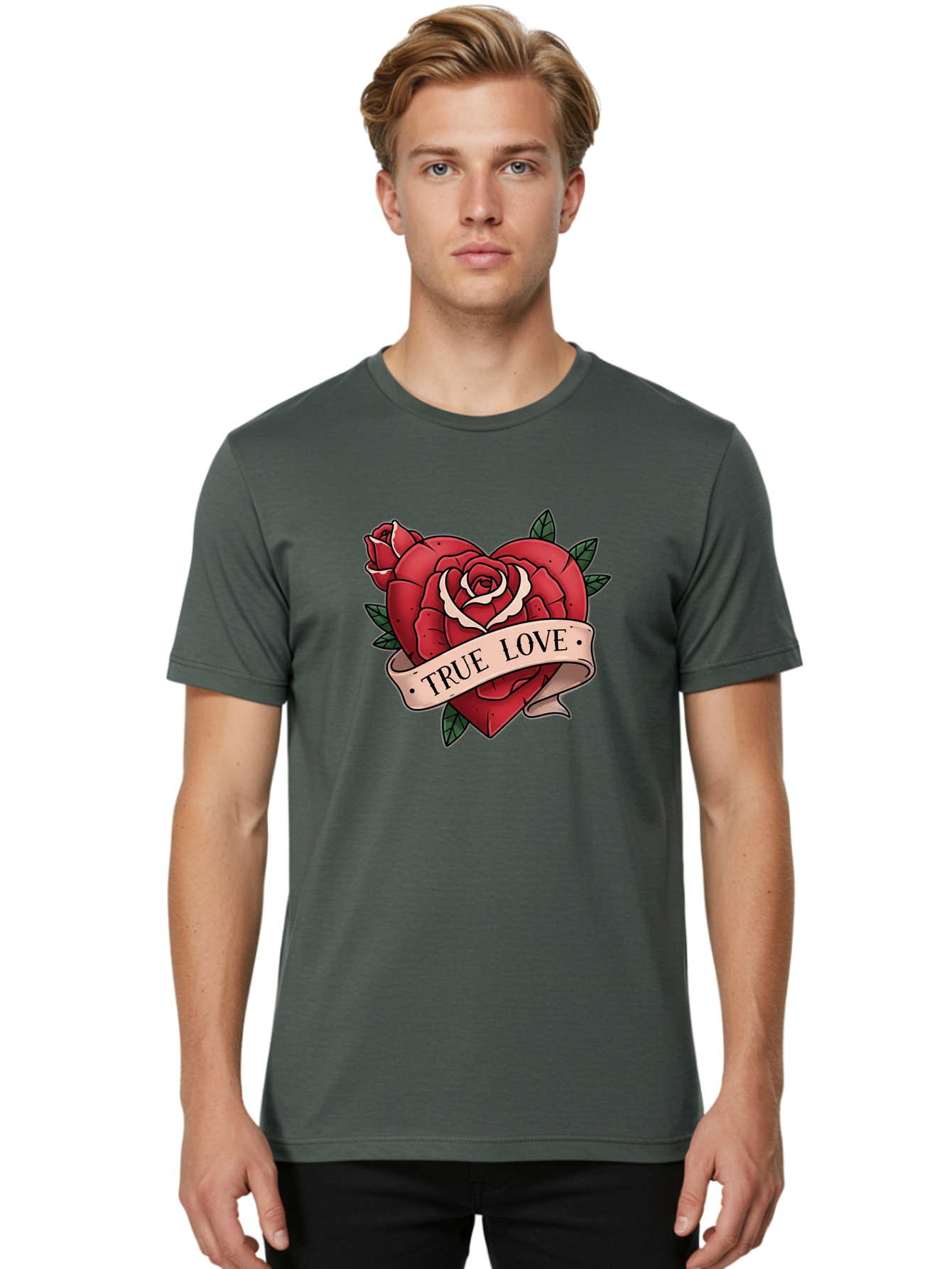 True-Love-9 Men'S Graphic Tee, 100% Cotton, Comfortable Casual Summer Wear, Machine Washable, Red Roses, True Love Banner, Vintage Tattoo Style, Symbolic Love, Classic Romance, Elegant Design, Beautiful Flowers, Floral Art Bae318