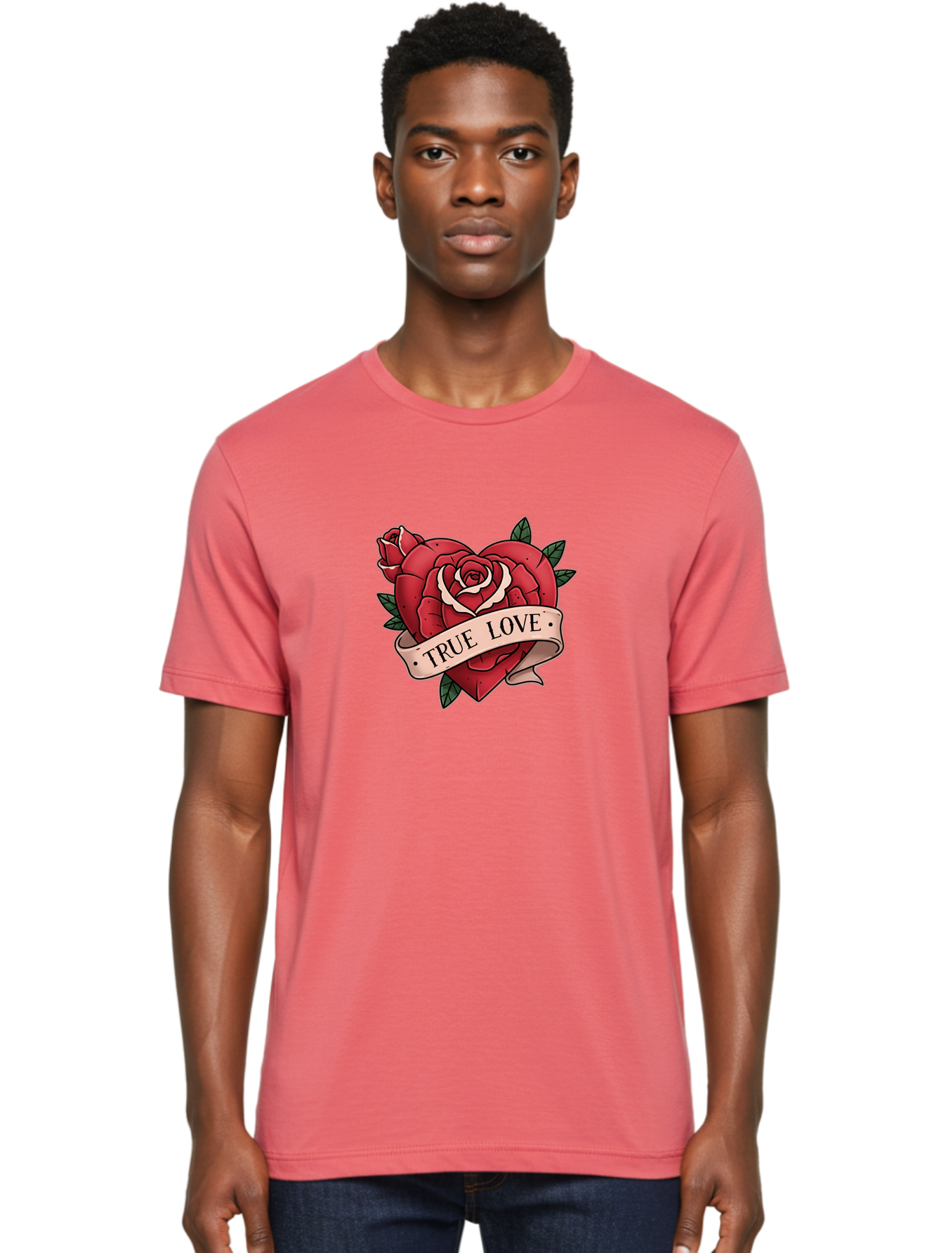True-Love-9 Men'S Graphic Tee, 100% Cotton, Comfortable Casual Summer Wear, Machine Washable, Red Roses, True Love Banner, Vintage Tattoo Style, Symbolic Love, Classic Romance, Elegant Design, Beautiful Flowers, Floral Art Bae318