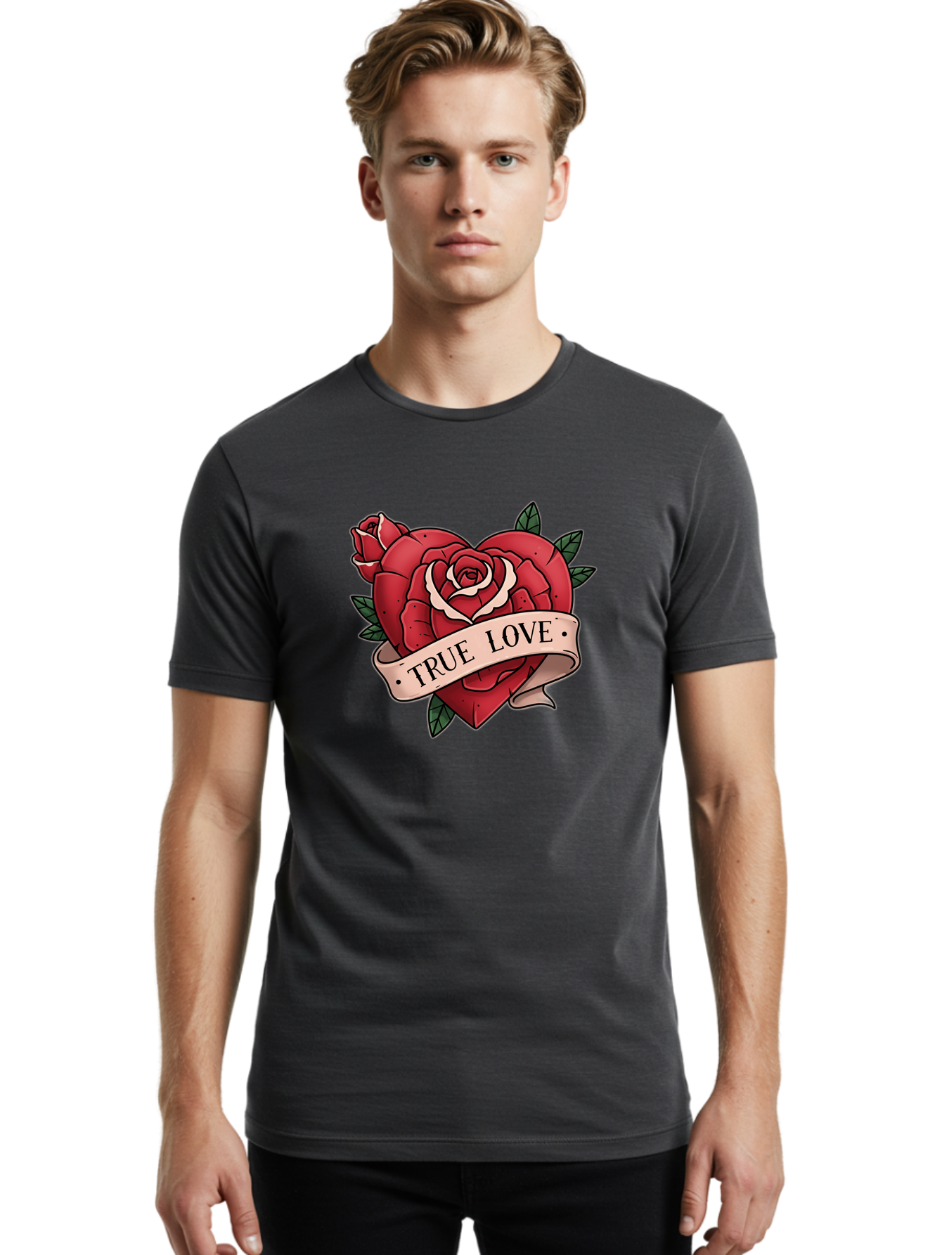 True-Love-9 Men'S Graphic Tee, 100% Cotton, Comfortable Casual Summer Wear, Machine Washable, Red Roses, True Love Banner, Vintage Tattoo Style, Symbolic Love, Classic Romance, Elegant Design, Beautiful Flowers, Floral Art Bae318