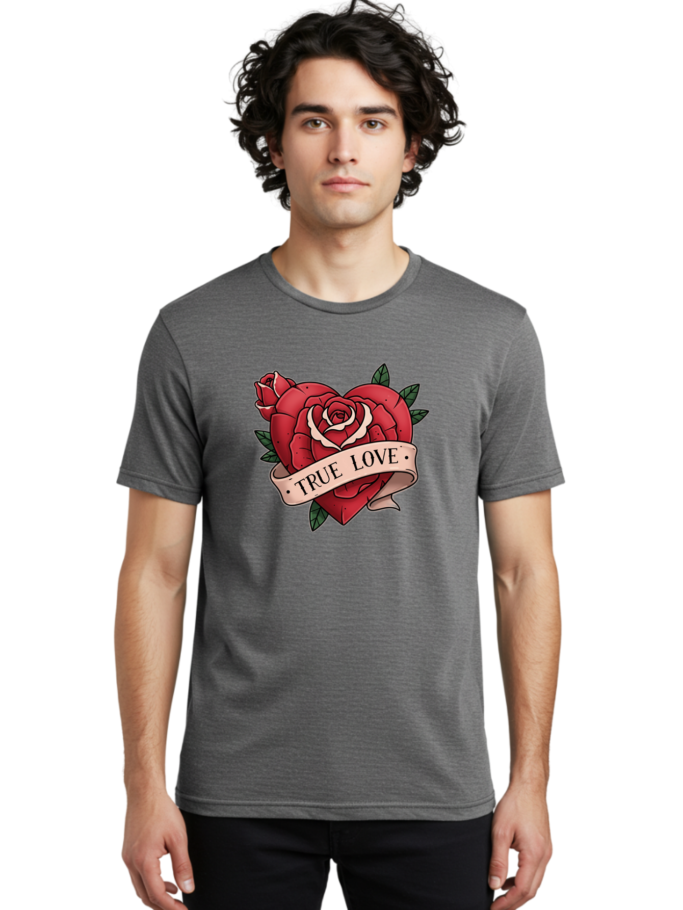 True-Love-9 Men'S Graphic Tee, 100% Cotton, Comfortable Casual Summer Wear, Machine Washable, Red Roses, True Love Banner, Vintage Tattoo Style, Symbolic Love, Classic Romance, Elegant Design, Beautiful Flowers, Floral Art Bae318