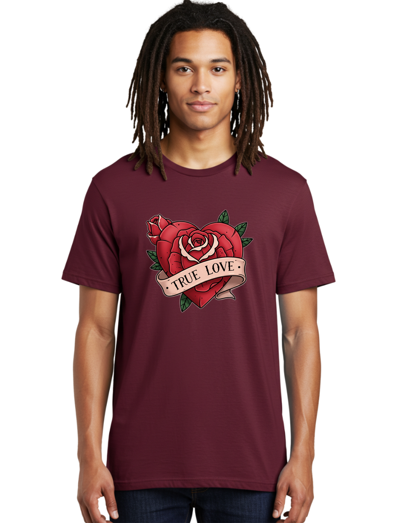 True-Love-9 Men'S Graphic Tee, 100% Cotton, Comfortable Casual Summer Wear, Machine Washable, Red Roses, True Love Banner, Vintage Tattoo Style, Symbolic Love, Classic Romance, Elegant Design, Beautiful Flowers, Floral Art Bae318