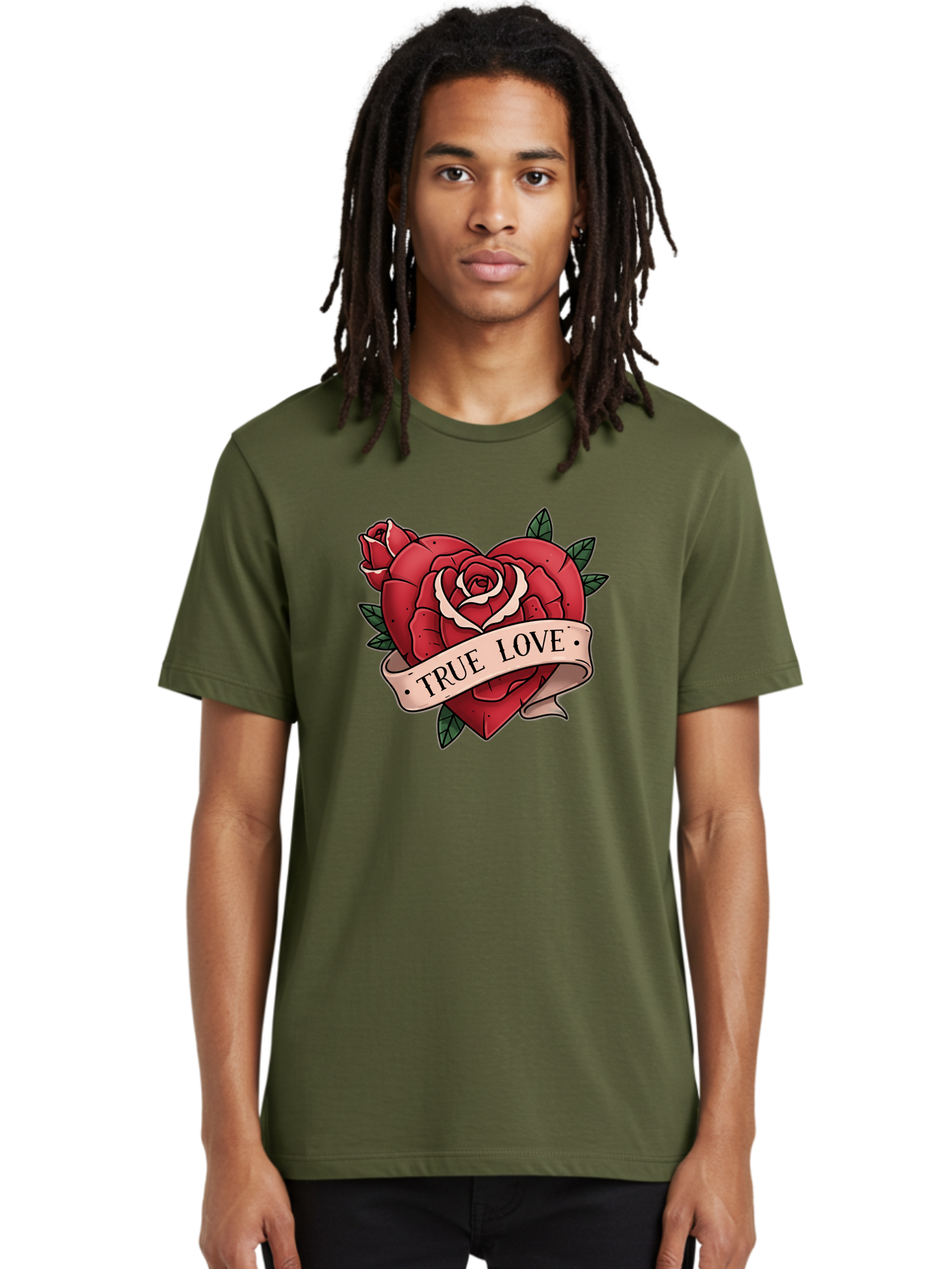 True-Love-9 Men'S Graphic Tee, 100% Cotton, Comfortable Casual Summer Wear, Machine Washable, Red Roses, True Love Banner, Vintage Tattoo Style, Symbolic Love, Classic Romance, Elegant Design, Beautiful Flowers, Floral Art Bae318
