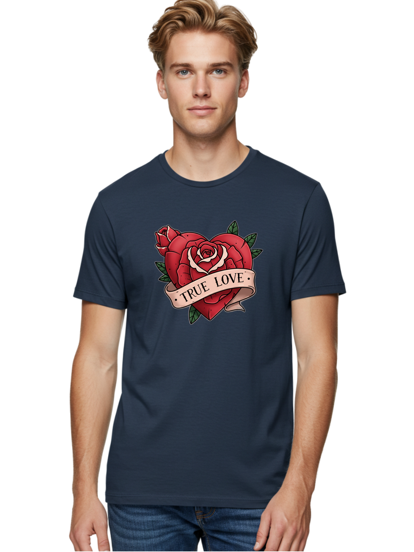 True-Love-9 Men'S Graphic Tee, 100% Cotton, Comfortable Casual Summer Wear, Machine Washable, Red Roses, True Love Banner, Vintage Tattoo Style, Symbolic Love, Classic Romance, Elegant Design, Beautiful Flowers, Floral Art Bae318