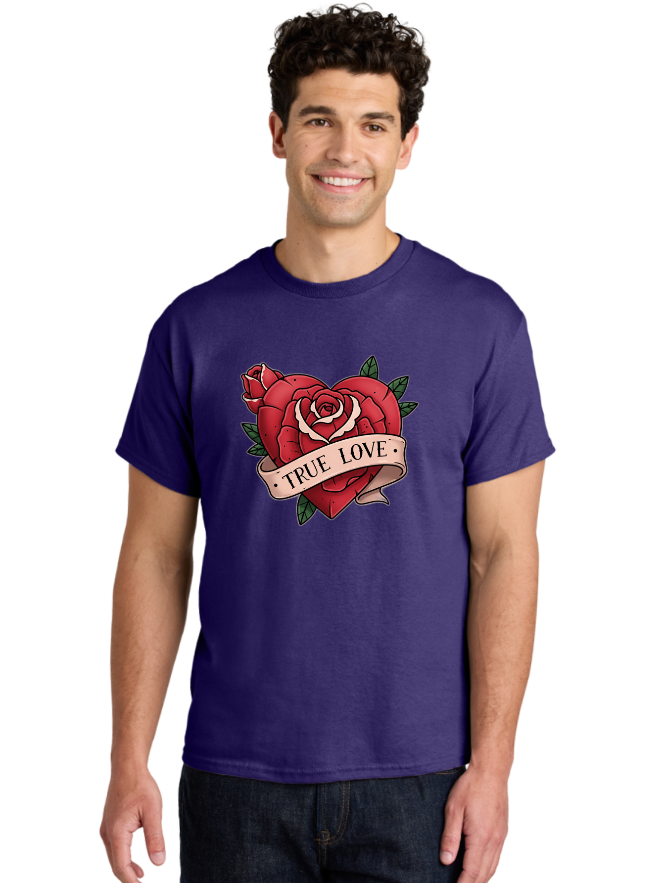 True-Love-9 Men'S Graphic Tee, 100% Cotton, Comfortable Casual Summer Wear, Machine Washable, Red Roses, True Love Banner, Vintage Tattoo Style, Symbolic Love, Classic Romance, Elegant Design, Beautiful Flowers, Floral Art Bae318