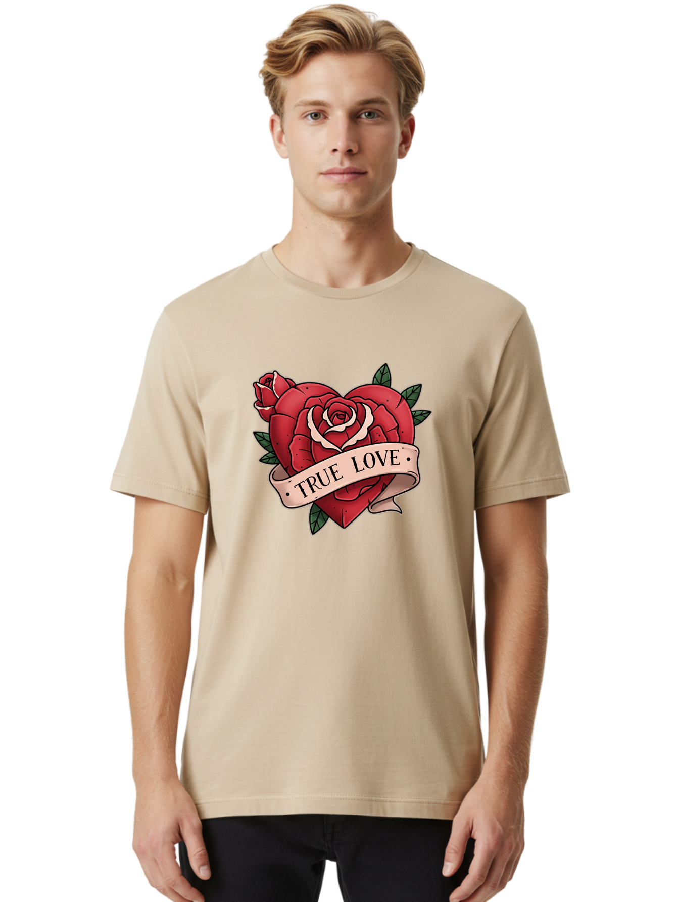 True-Love-9 Men'S Graphic Tee, 100% Cotton, Comfortable Casual Summer Wear, Machine Washable, Red Roses, True Love Banner, Vintage Tattoo Style, Symbolic Love, Classic Romance, Elegant Design, Beautiful Flowers, Floral Art Bae318