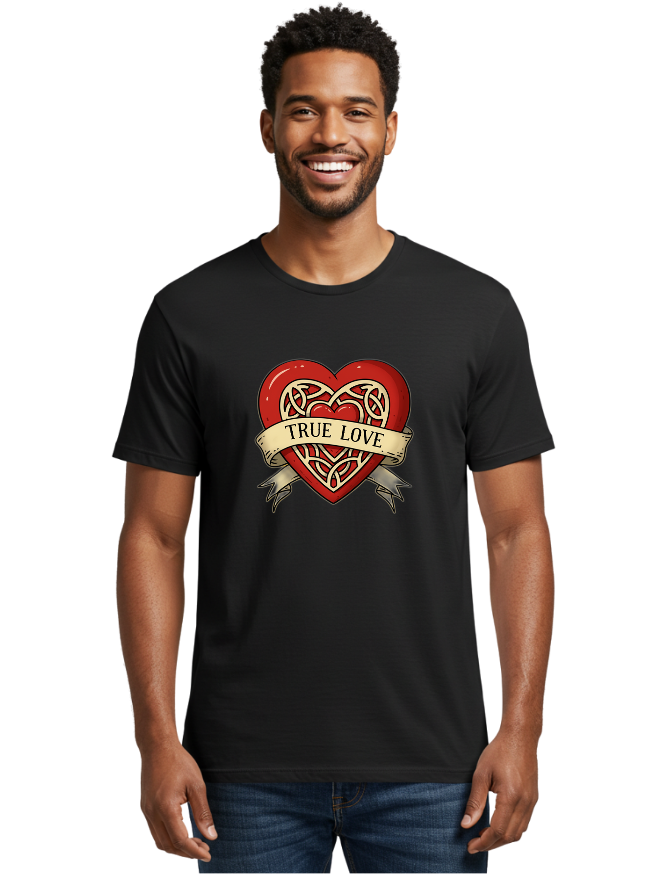 True-Love-Heart-1 Men'S Graphic Tee, 100% Cotton, Comfortable Casual Summer Wear, Machine Washable, Red Heart, Celtic Knotwork Design, True Love, Vintage Banner, Romantic Symbol, Tattoo Art, Love Theme, Heart Shape, Classic Design, Love Symbol Bae319