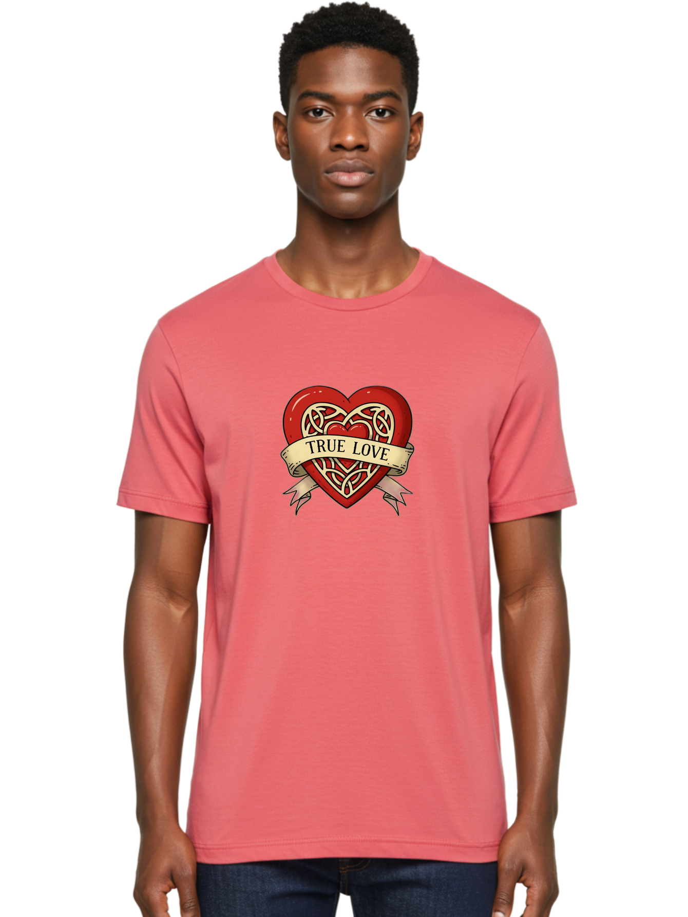 True-Love-Heart-1 Men'S Graphic Tee, 100% Cotton, Comfortable Casual Summer Wear, Machine Washable, Red Heart, Celtic Knotwork Design, True Love, Vintage Banner, Romantic Symbol, Tattoo Art, Love Theme, Heart Shape, Classic Design, Love Symbol Bae319