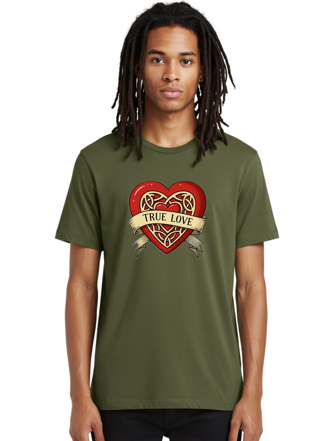 True-Love-Heart-1 Men'S Graphic Tee, 100% Cotton, Comfortable Casual Summer Wear, Machine Washable, Red Heart, Celtic Knotwork Design, True Love, Vintage Banner, Romantic Symbol, Tattoo Art, Love Theme, Heart Shape, Classic Design, Love Symbol Bae319