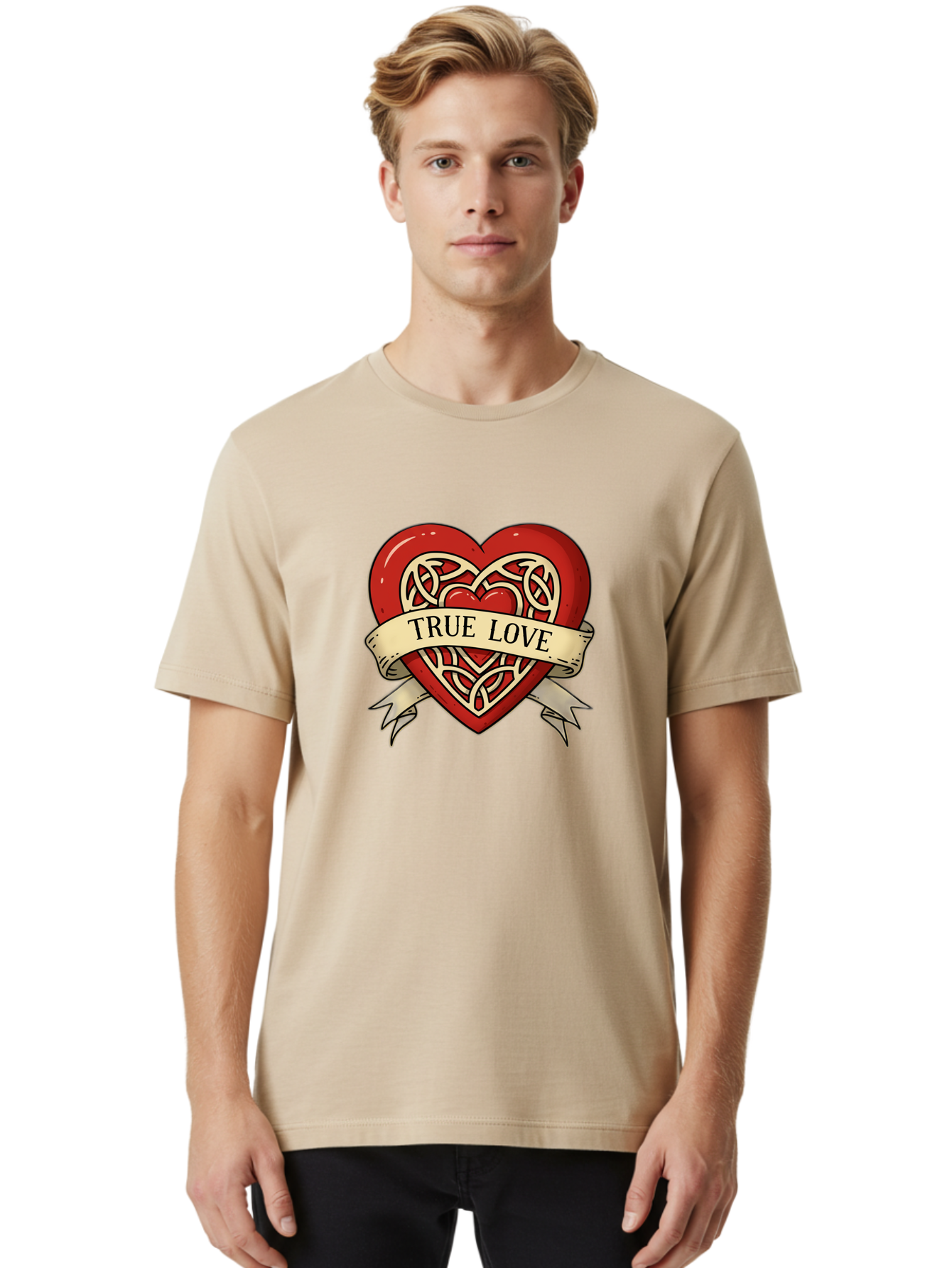 True-Love-Heart-1 Men'S Graphic Tee, 100% Cotton, Comfortable Casual Summer Wear, Machine Washable, Red Heart, Celtic Knotwork Design, True Love, Vintage Banner, Romantic Symbol, Tattoo Art, Love Theme, Heart Shape, Classic Design, Love Symbol Bae319