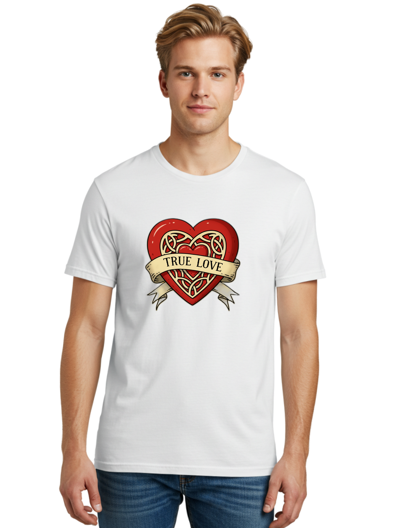 True-Love-Heart-1 Men'S Graphic Tee, 100% Cotton, Comfortable Casual Summer Wear, Machine Washable, Red Heart, Celtic Knotwork Design, True Love, Vintage Banner, Romantic Symbol, Tattoo Art, Love Theme, Heart Shape, Classic Design, Love Symbol Bae319
