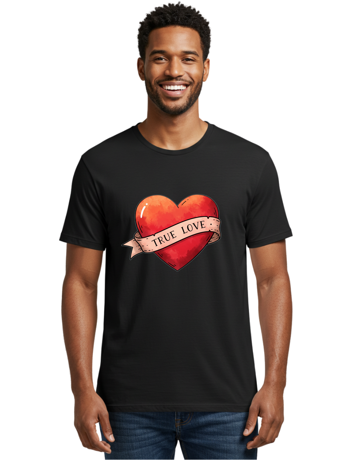 True-Love-Heart Men'S Graphic Tee, 100% Cotton, Comfortable Casual Summer Wear, Machine Washable, Red Heart, True Love, Tattoo Style, Ribbon Banner, Valentines Day Symbol, Love Heart, Classic Tattoo Design, Symbolic Heart Bae320