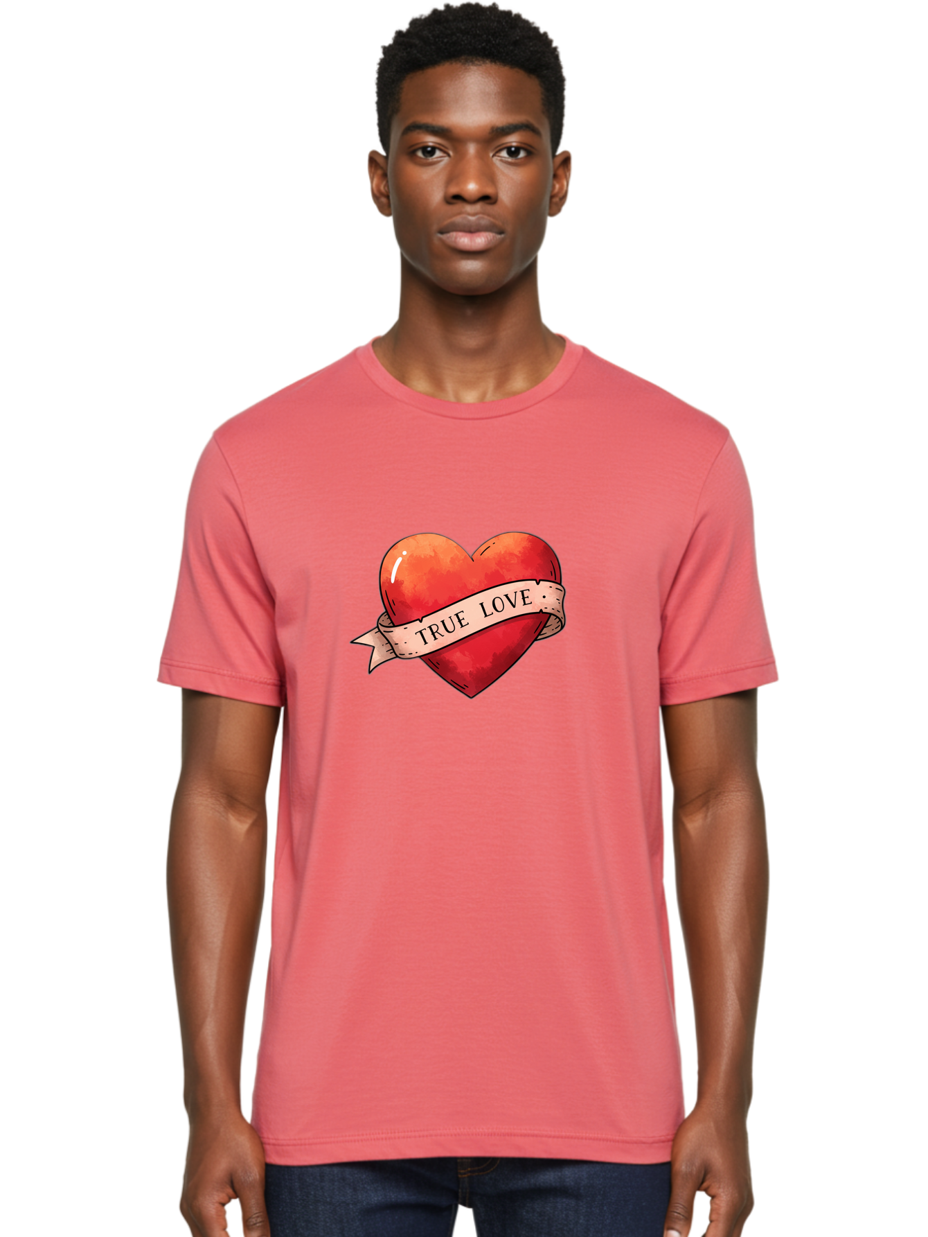 True-Love-Heart Men'S Graphic Tee, 100% Cotton, Comfortable Casual Summer Wear, Machine Washable, Red Heart, True Love, Tattoo Style, Ribbon Banner, Valentines Day Symbol, Love Heart, Classic Tattoo Design, Symbolic Heart Bae320