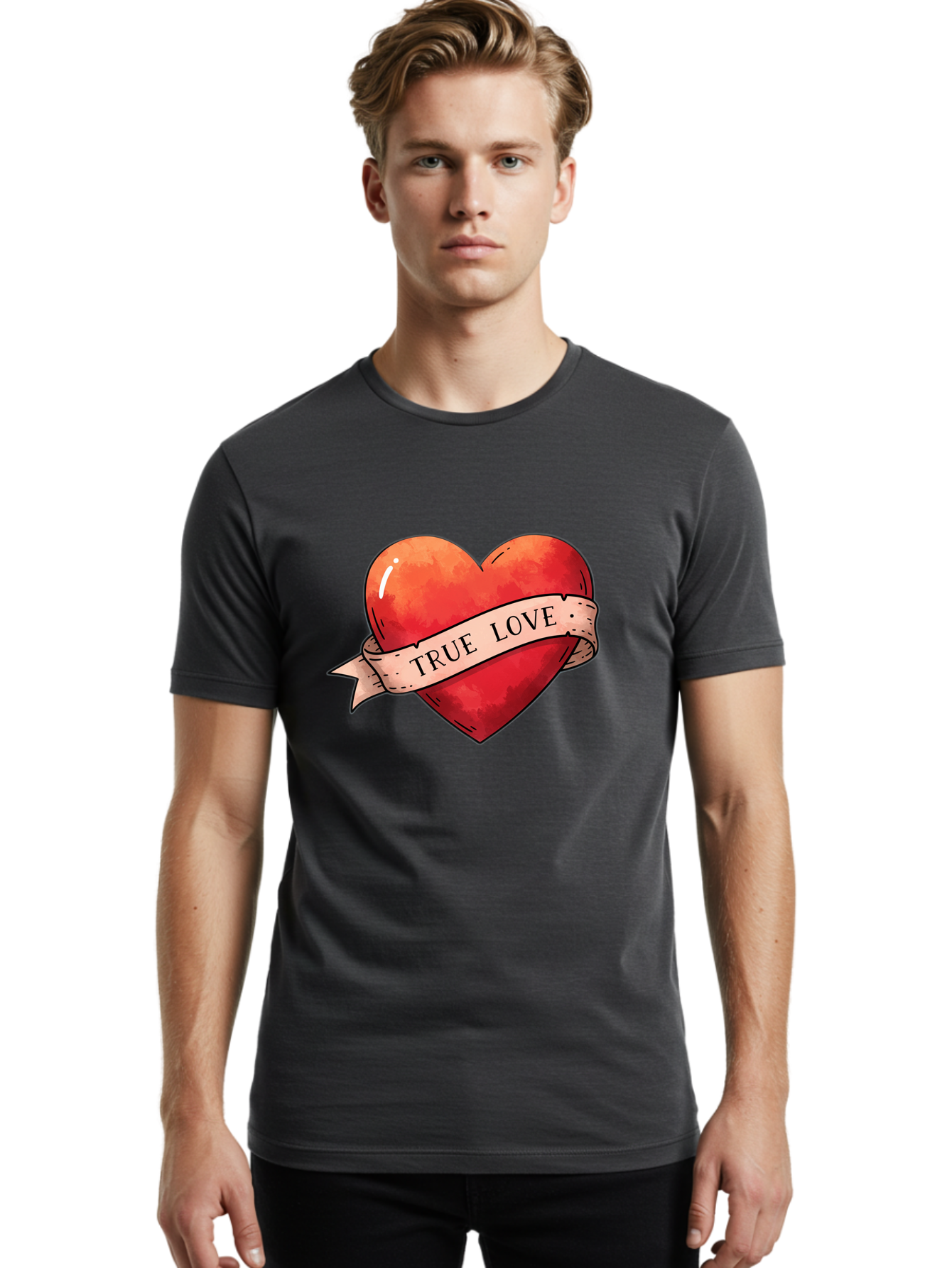 True-Love-Heart Men'S Graphic Tee, 100% Cotton, Comfortable Casual Summer Wear, Machine Washable, Red Heart, True Love, Tattoo Style, Ribbon Banner, Valentines Day Symbol, Love Heart, Classic Tattoo Design, Symbolic Heart Bae320