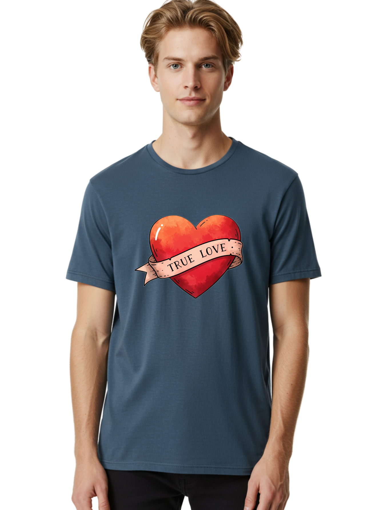 True-Love-Heart Men'S Graphic Tee, 100% Cotton, Comfortable Casual Summer Wear, Machine Washable, Red Heart, True Love, Tattoo Style, Ribbon Banner, Valentines Day Symbol, Love Heart, Classic Tattoo Design, Symbolic Heart Bae320