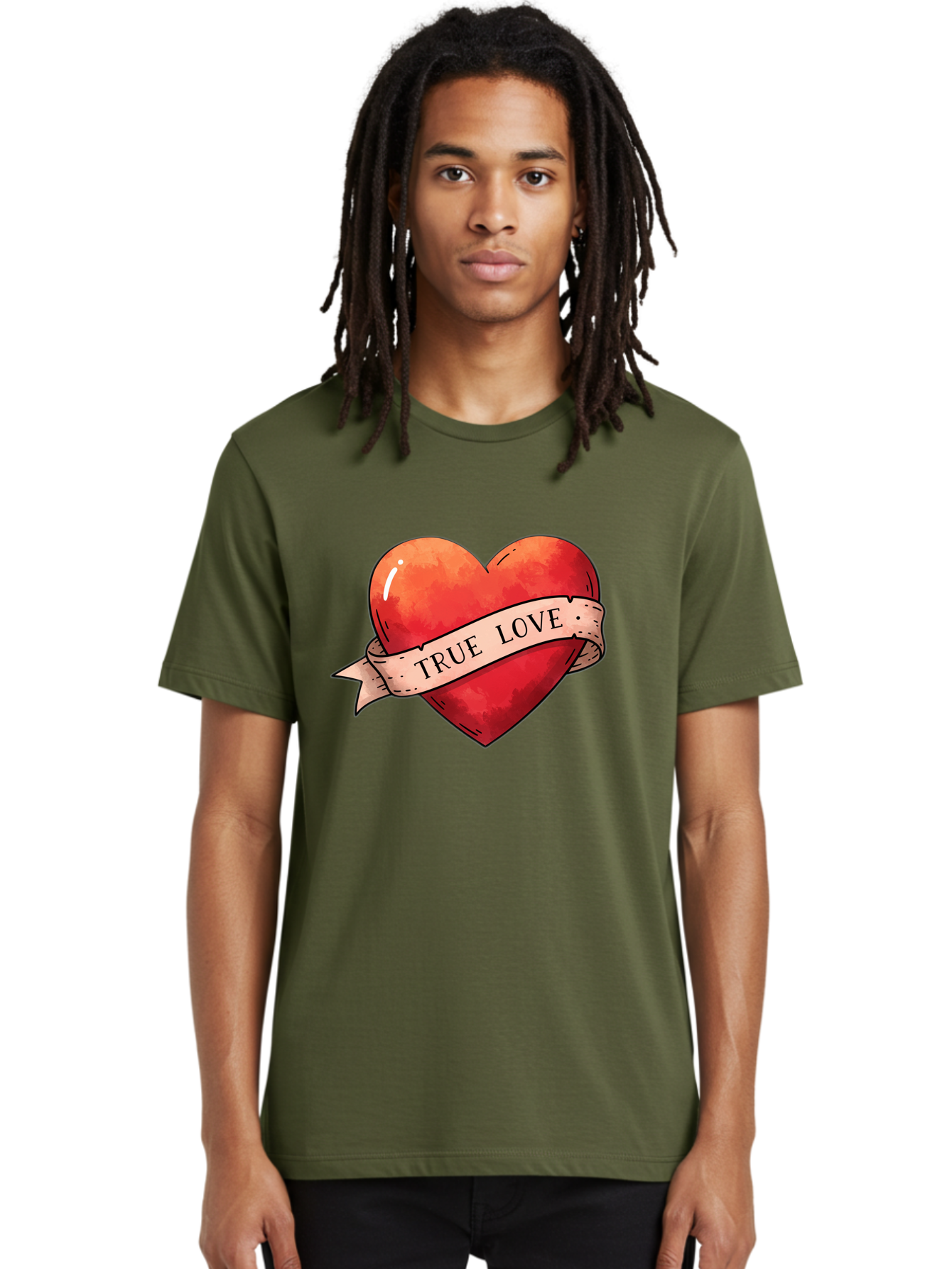 True-Love-Heart Men'S Graphic Tee, 100% Cotton, Comfortable Casual Summer Wear, Machine Washable, Red Heart, True Love, Tattoo Style, Ribbon Banner, Valentines Day Symbol, Love Heart, Classic Tattoo Design, Symbolic Heart Bae320