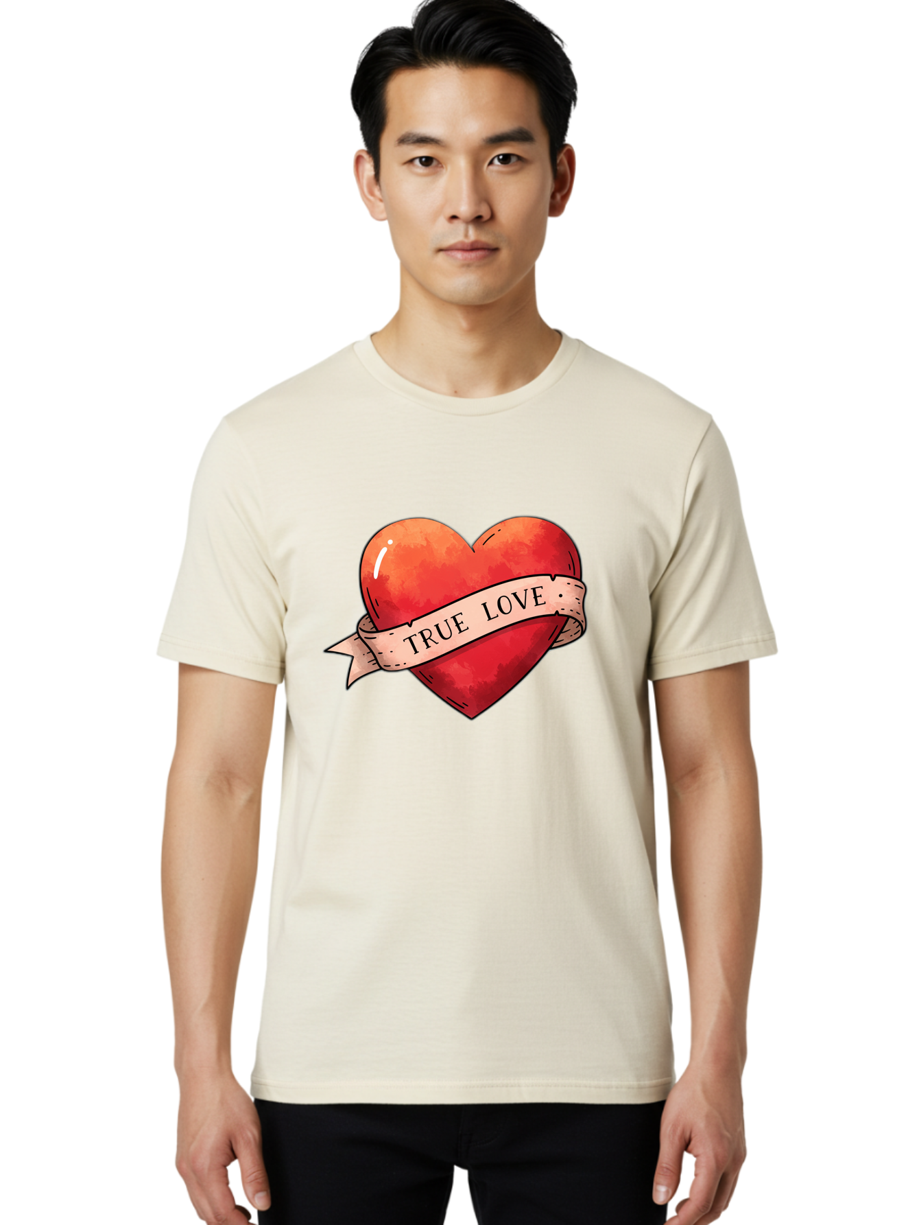 True-Love-Heart Men'S Graphic Tee, 100% Cotton, Comfortable Casual Summer Wear, Machine Washable, Red Heart, True Love, Tattoo Style, Ribbon Banner, Valentines Day Symbol, Love Heart, Classic Tattoo Design, Symbolic Heart Bae320