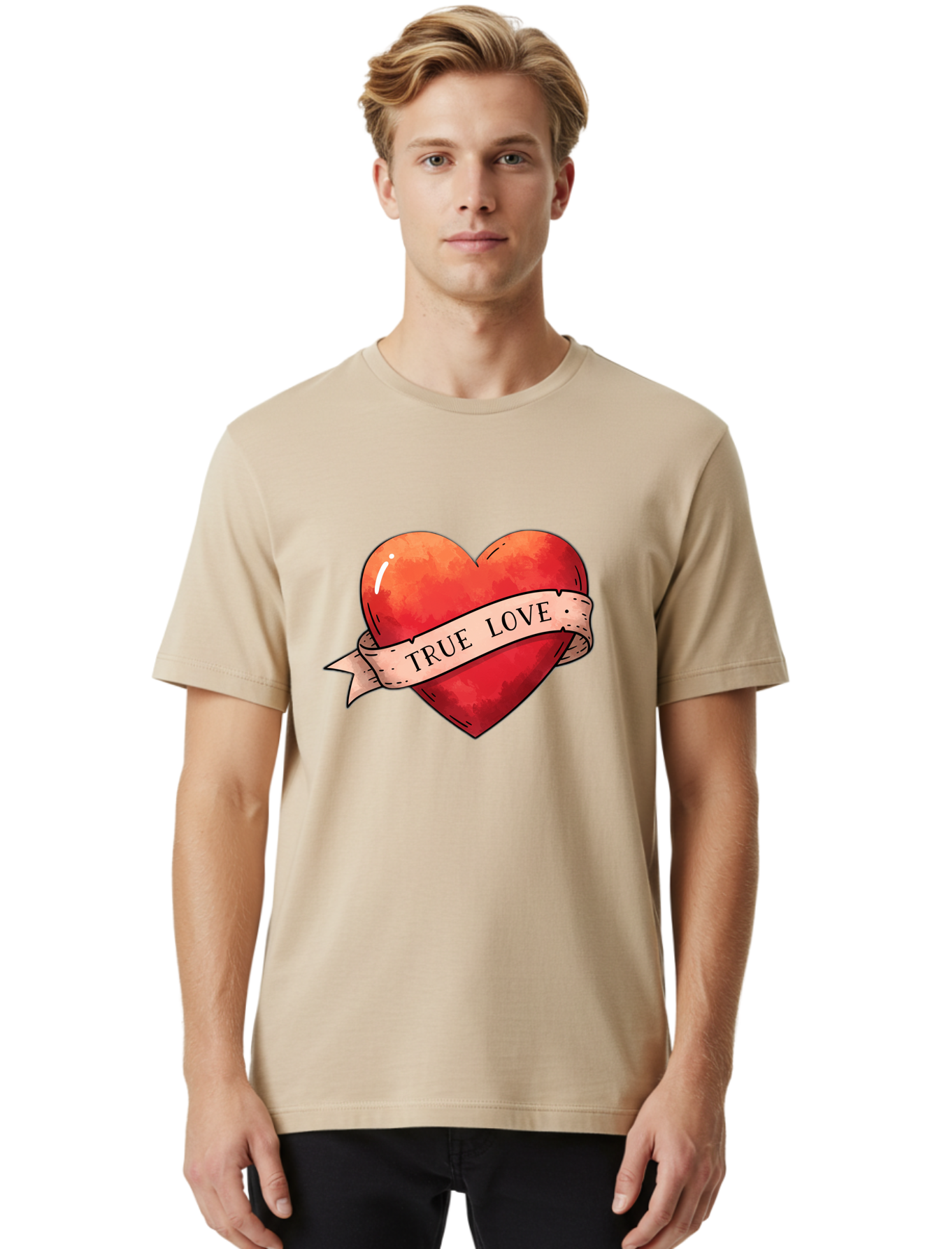 True-Love-Heart Men'S Graphic Tee, 100% Cotton, Comfortable Casual Summer Wear, Machine Washable, Red Heart, True Love, Tattoo Style, Ribbon Banner, Valentines Day Symbol, Love Heart, Classic Tattoo Design, Symbolic Heart Bae320