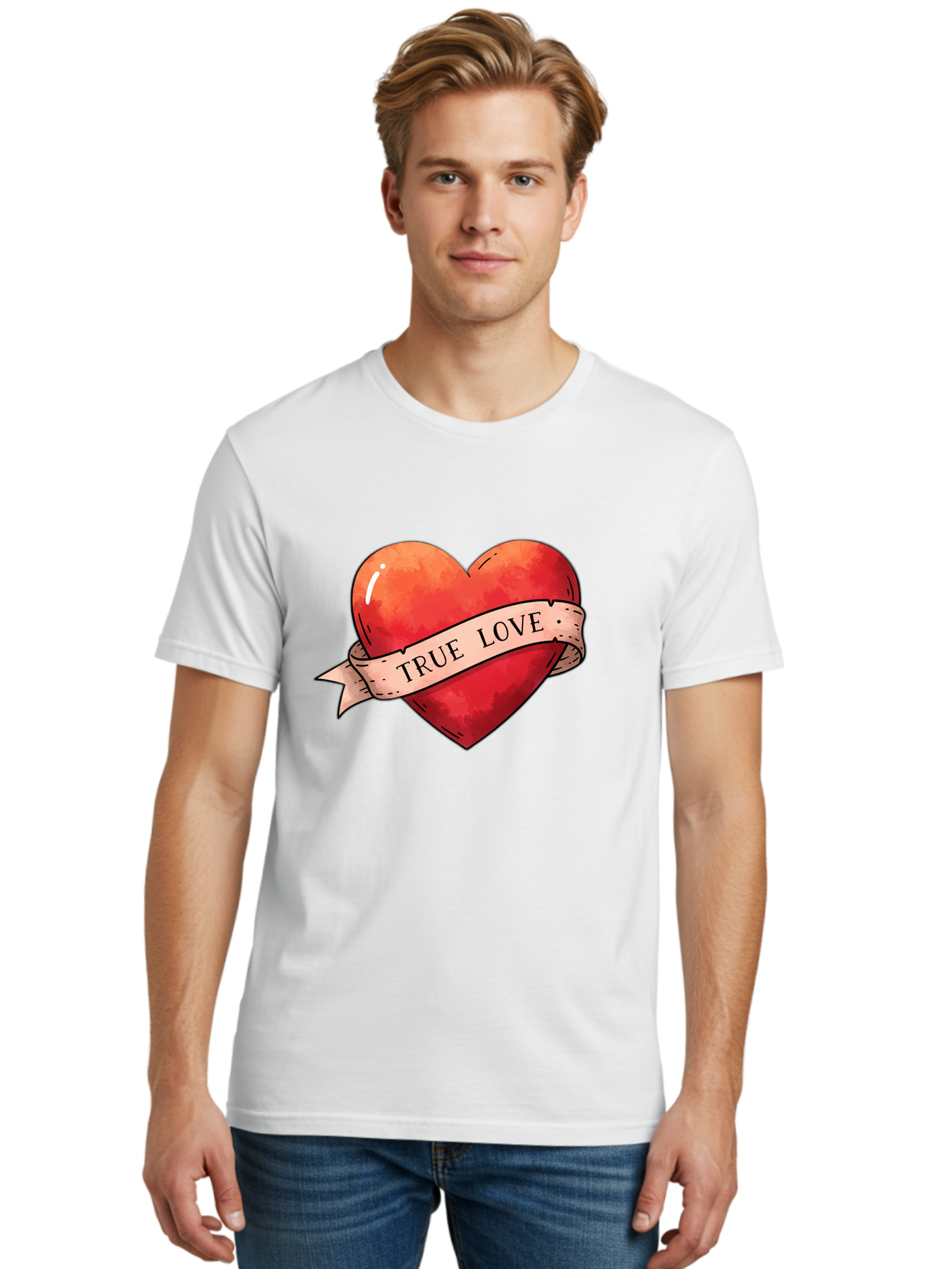 True-Love-Heart Men'S Graphic Tee, 100% Cotton, Comfortable Casual Summer Wear, Machine Washable, Red Heart, True Love, Tattoo Style, Ribbon Banner, Valentines Day Symbol, Love Heart, Classic Tattoo Design, Symbolic Heart Bae320