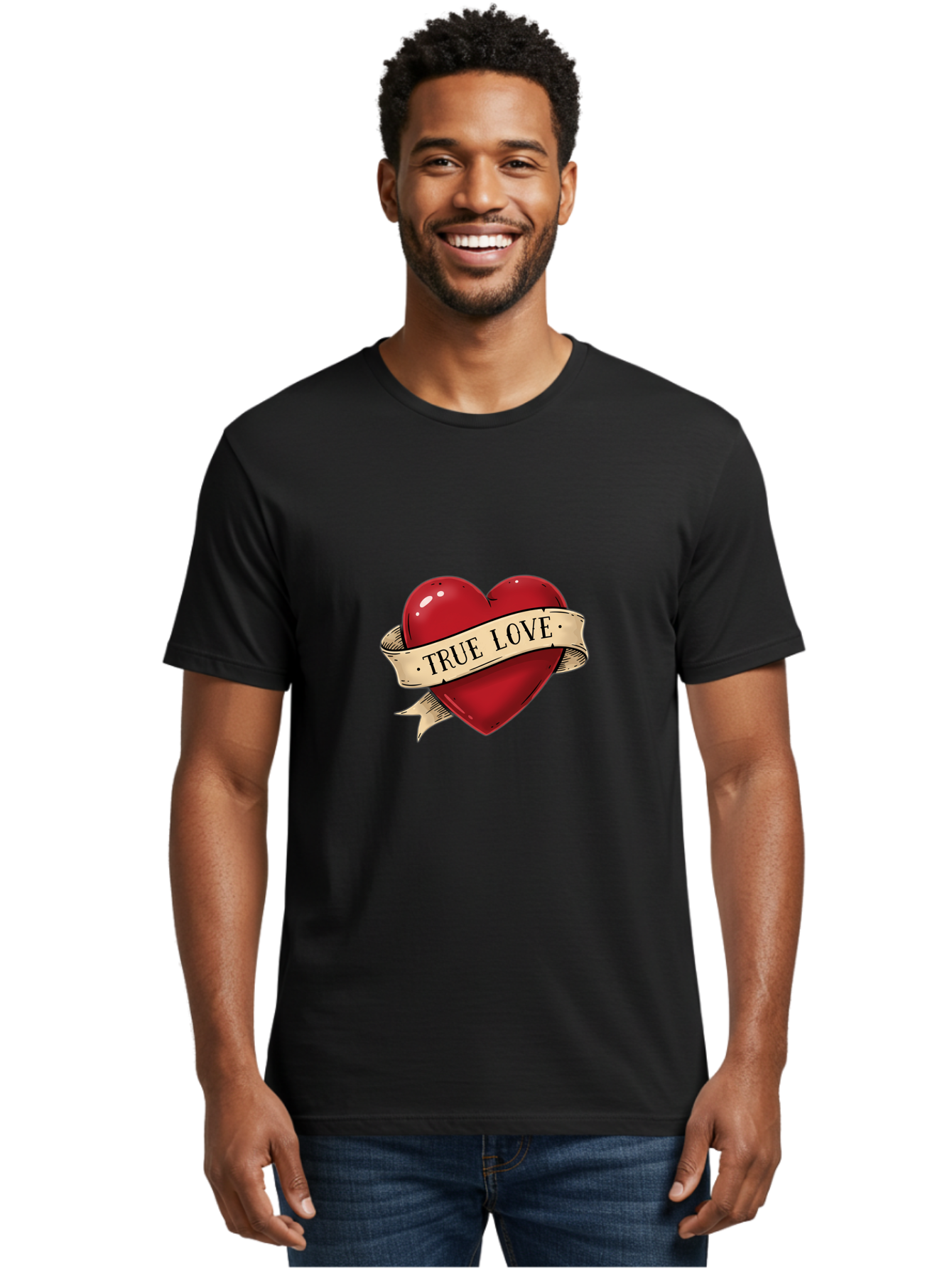 True-Love Men'S Graphic Tee, 100% Cotton, Comfortable Casual Summer Wear, Machine Washable, Red Heart, True Love, Heart-Shaped, Vintage Banner, Classic Tattoo Art, Red Heart Symbol, Love Emblem, Ribbon Banner, Symbolic Heart Bae321