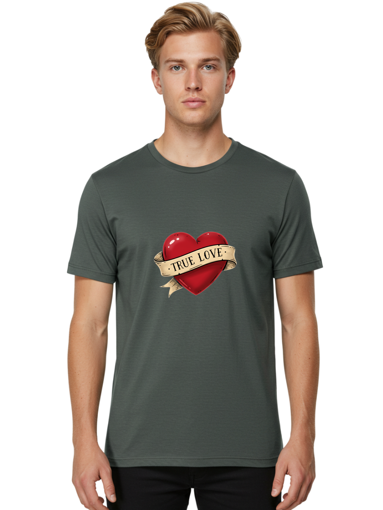 True-Love Men'S Graphic Tee, 100% Cotton, Comfortable Casual Summer Wear, Machine Washable, Red Heart, True Love, Heart-Shaped, Vintage Banner, Classic Tattoo Art, Red Heart Symbol, Love Emblem, Ribbon Banner, Symbolic Heart Bae321