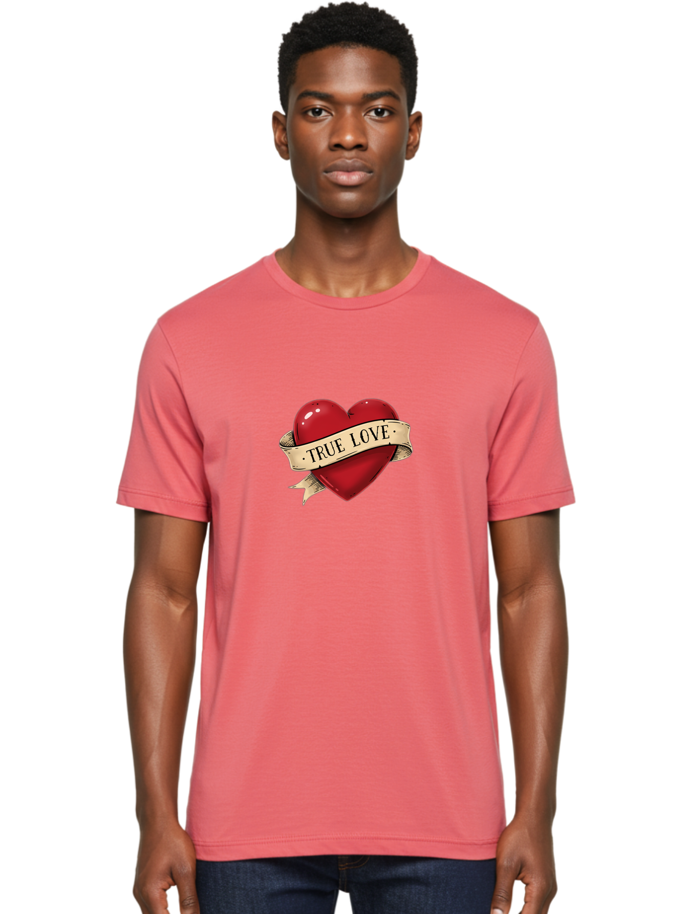 True-Love Men'S Graphic Tee, 100% Cotton, Comfortable Casual Summer Wear, Machine Washable, Red Heart, True Love, Heart-Shaped, Vintage Banner, Classic Tattoo Art, Red Heart Symbol, Love Emblem, Ribbon Banner, Symbolic Heart Bae321