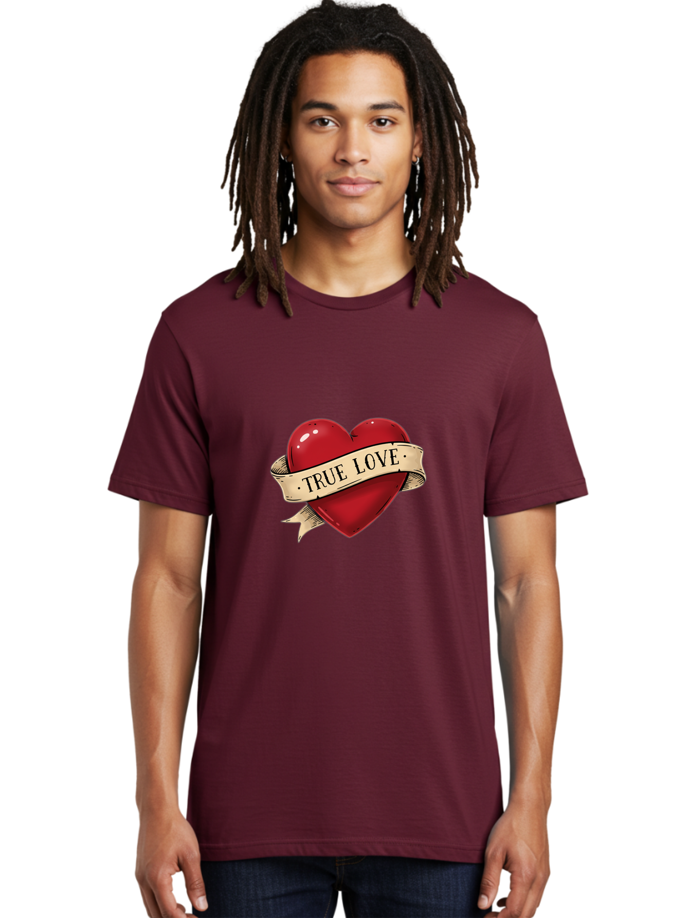 True-Love Men'S Graphic Tee, 100% Cotton, Comfortable Casual Summer Wear, Machine Washable, Red Heart, True Love, Heart-Shaped, Vintage Banner, Classic Tattoo Art, Red Heart Symbol, Love Emblem, Ribbon Banner, Symbolic Heart Bae321