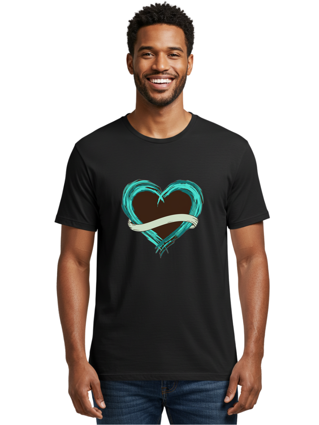 Turquoise-Heart-With-Ribbon Men'S Graphic Tee, 100% Cotton, Comfortable Casual Summer Wear, Machine Washable, Turquoise Heart, Ribbon Banner, Love Symbol, Heart Shape, Blue Heart, Artistic Design, Heart Illustration, Ribbon Wrapped Heart, Bae322