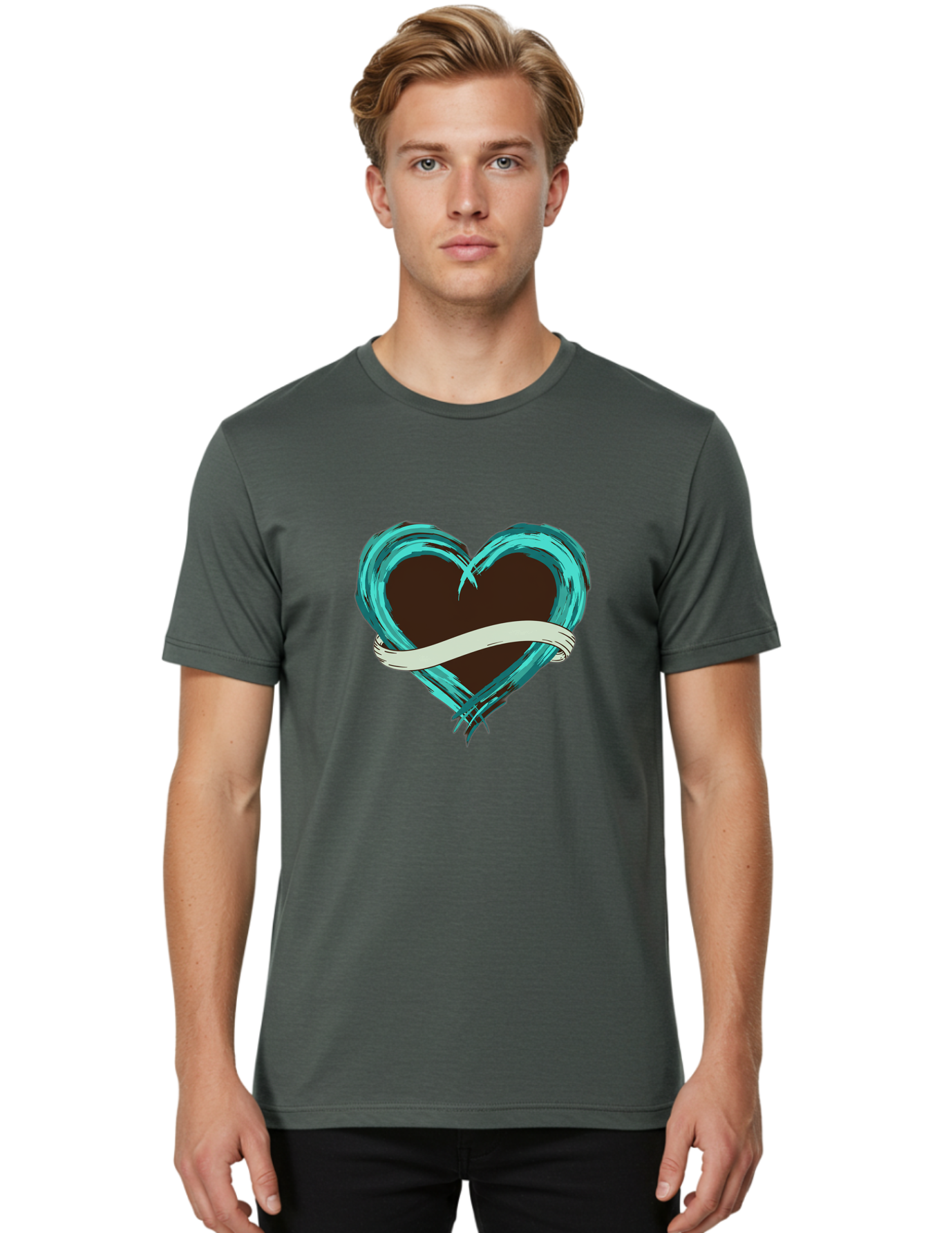 Turquoise-Heart-With-Ribbon Men'S Graphic Tee, 100% Cotton, Comfortable Casual Summer Wear, Machine Washable, Turquoise Heart, Ribbon Banner, Love Symbol, Heart Shape, Blue Heart, Artistic Design, Heart Illustration, Ribbon Wrapped Heart, Bae322