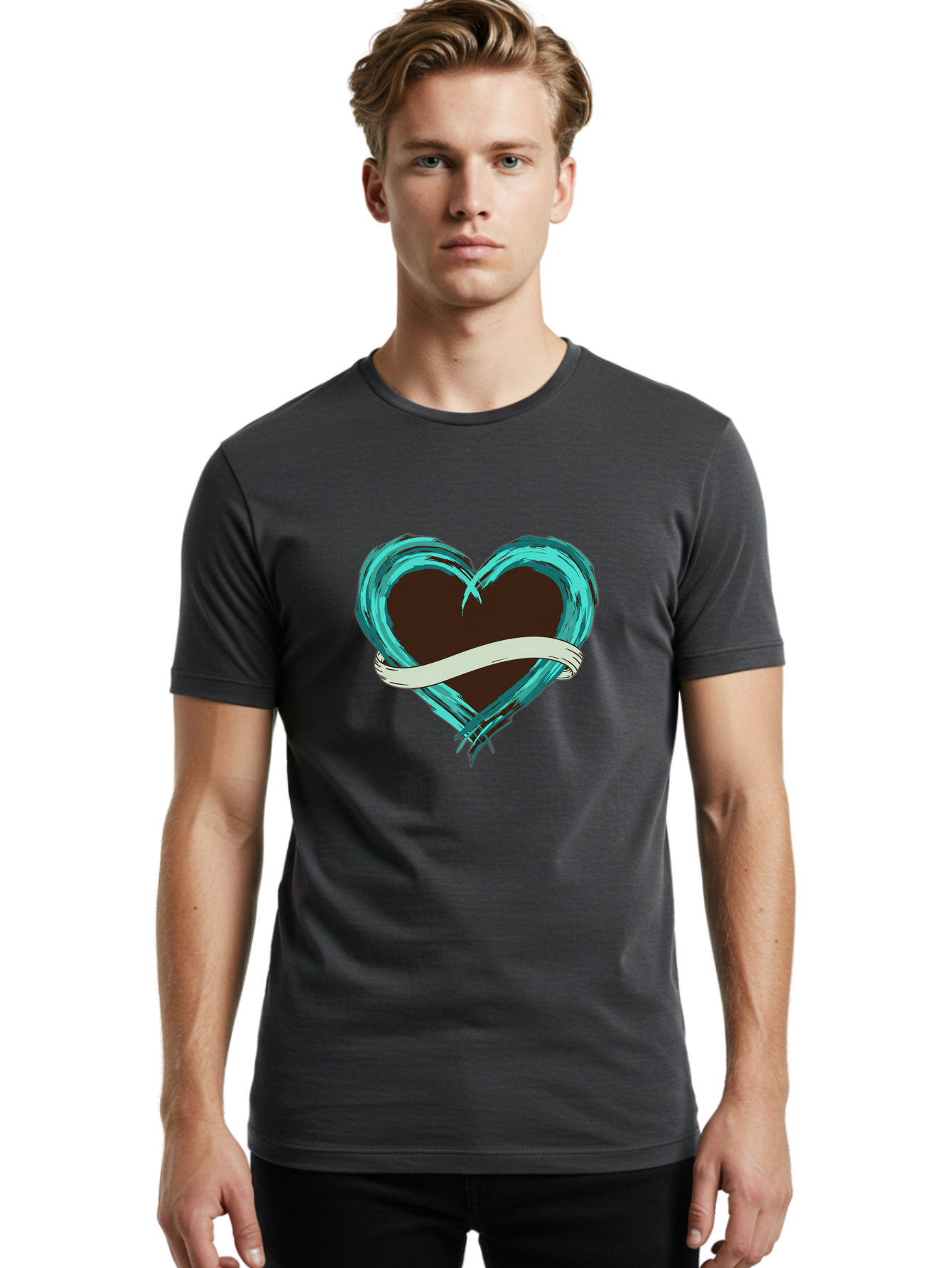 Turquoise-Heart-With-Ribbon Men'S Graphic Tee, 100% Cotton, Comfortable Casual Summer Wear, Machine Washable, Turquoise Heart, Ribbon Banner, Love Symbol, Heart Shape, Blue Heart, Artistic Design, Heart Illustration, Ribbon Wrapped Heart, Bae322