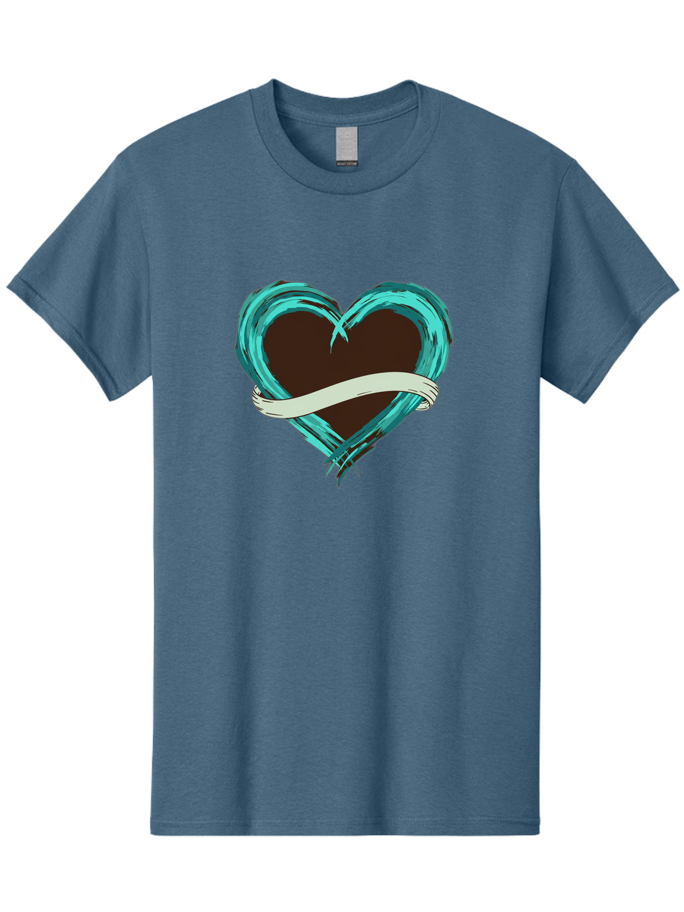 Turquoise-Heart-With-Ribbon Men'S Graphic Tee, 100% Cotton, Comfortable Casual Summer Wear, Machine Washable, Turquoise Heart, Ribbon Banner, Love Symbol, Heart Shape, Blue Heart, Artistic Design, Heart Illustration, Ribbon Wrapped Heart, Bae322