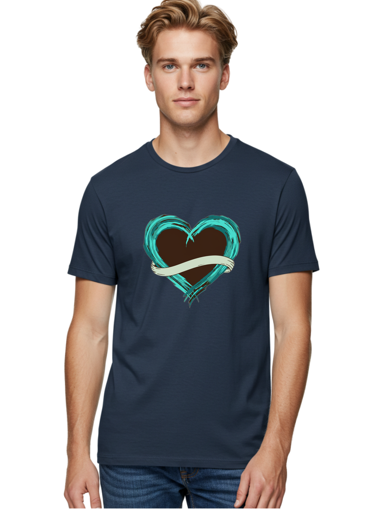 Turquoise-Heart-With-Ribbon Men'S Graphic Tee, 100% Cotton, Comfortable Casual Summer Wear, Machine Washable, Turquoise Heart, Ribbon Banner, Love Symbol, Heart Shape, Blue Heart, Artistic Design, Heart Illustration, Ribbon Wrapped Heart, Bae322